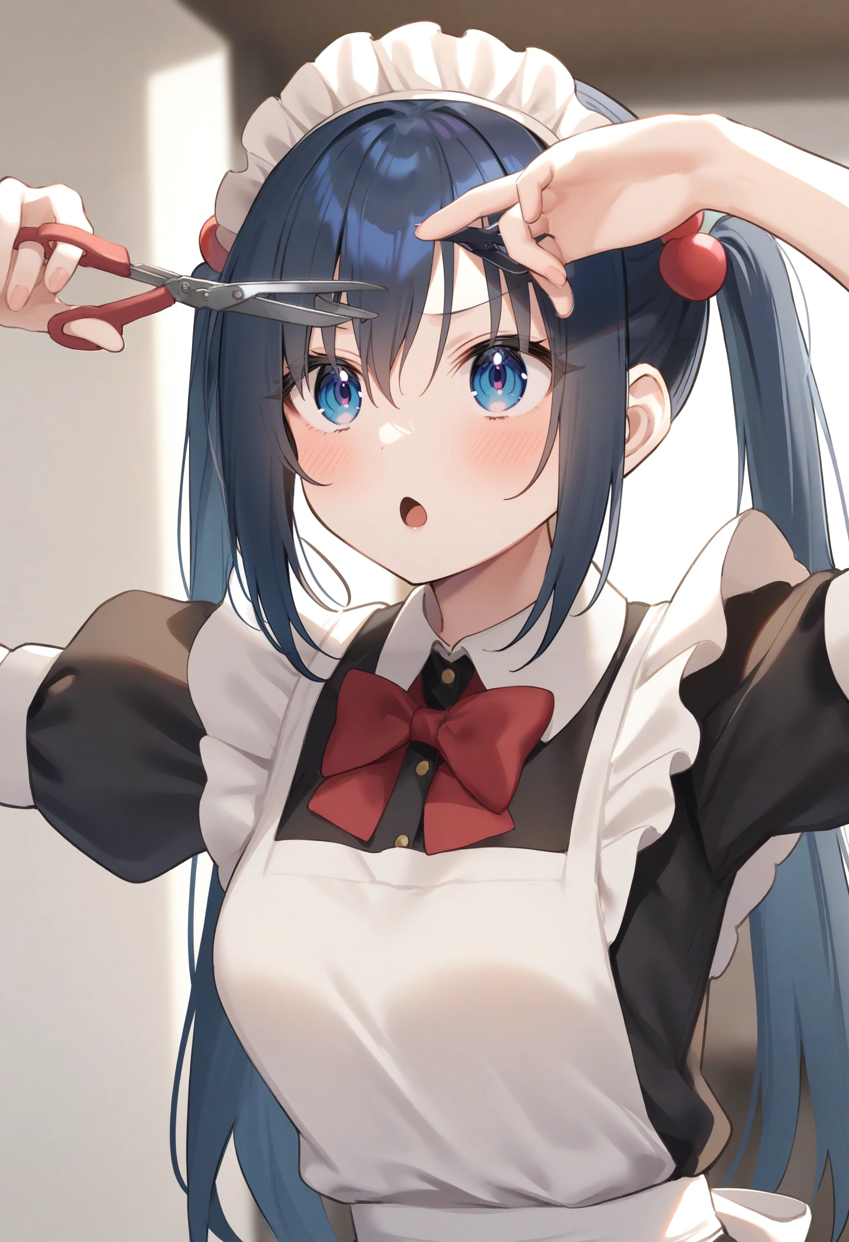 1girl,sincos, ningen mame, toosaka asagi,solo,medium breasts,20yo,maid,maid headdress,
cutting hair, scissors, bangs, severed hair, hand up, arm up,<lora:cuttinghair_XL_v2:0.8>
indoors,from side, panorama shot, looking to the side, blue hair, aqua eyes,envy, open mouth, split ponytail hair,,
best quality, very aesthetic, absurdres