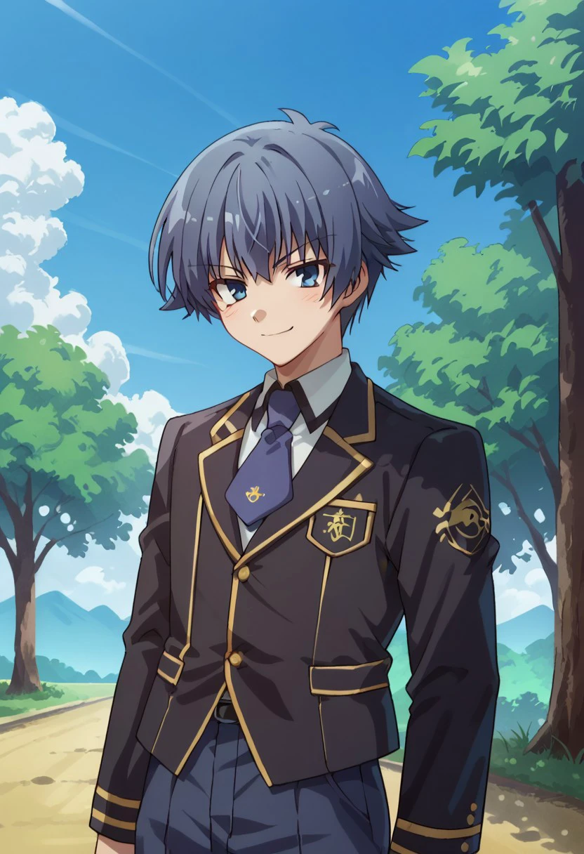 score_9, score_8_up, score_7_up, source_anime, highly detailed, 
kotatsuchiya, solo, male focus, 1boy, upper body, blue hair, blue eyes, school uniform, necktie, blue necktie, jacket, black jacket, long sleeves, pants,
blue pants, looking at viewer, smile, smirk,
outdoor, sky, tree