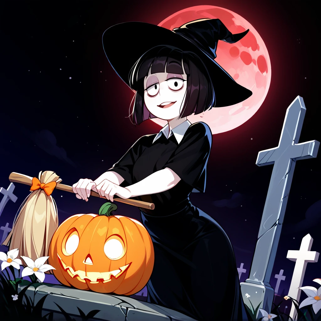 1girl,solo focus,<lora:creepy susie:1>,creepy susie,pale skin,black hair,black eyes,bags under eyes,half-closed eye,blunt bangs,hair bow,witch costume,
outdoors,graveyard,fog,white flower, night sky, red moon, pumpkin, 
looking at viewer,open mouth,smile, holding broom, casting spell, magic aura,, score_9, score_8_up, score_7_up, perfect anatomy, source_anime, zPDXL2,