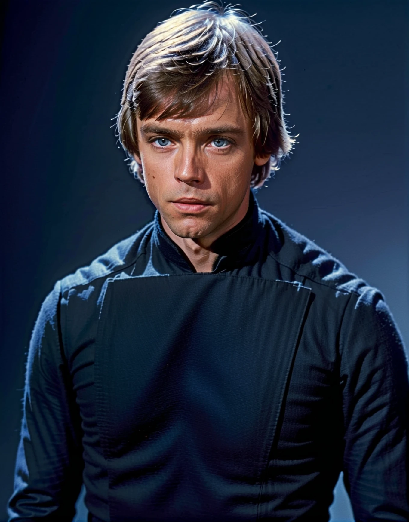 Luke-ROTJ <lora:Luke-ROTJ:0.8> close-up photo is looking to the side wearing a black jedi outfit