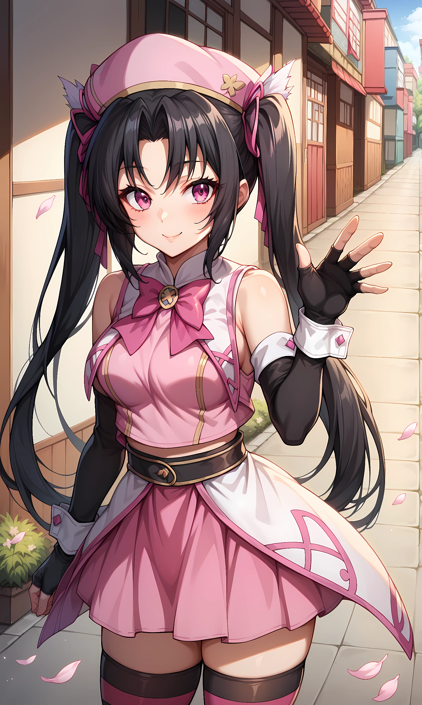 score_9, score_8_up, score_7_up, BREAK source_anime, 1girl, solo, outdoors, street, cherry blossoms, cowboy shot, standing, looking at viewer, serafall, pink eyes, black hair, long hair, parted bangs, twintails, hair ribbon, pink ribbon, pink hat, black gloves, fingerless gloves, bare shoulders, black sleeves, detached sleeves, pink crop top, pink bowtie, pink skirt, dress, striped thighhighs, waving