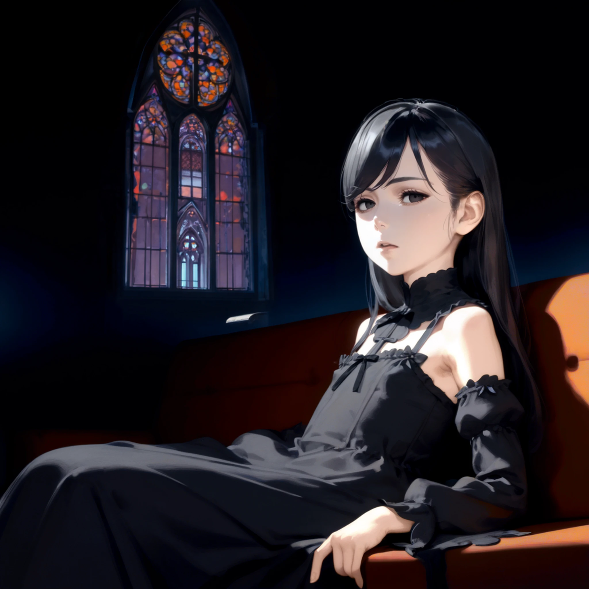 score_9, score_8_up, score_7_up, score_6_up, source_anime, film grain, shadow, [realistic,3d::0.3] 
perspective, film grain,cinematic lighting,drop shadow, creepy
girl,long hair,black hair,black eyes,black gothic dress,long dress,frilled dress,long dress,detached sleeves,puffy sleeves,white skin,bare shoulders, (skinny:1), swept bangs,(black eyeshadow:0.3), small breasts,narrowed eyes,head tilt, sitting on sofa,leaning back, open mouth, 
empty room,night,(church:1.2),(window:1.3)
<lora:Gothic_mood:1>,<lora:StS_age_slider_v1_initial_release:3> 
(dark background:1.6),