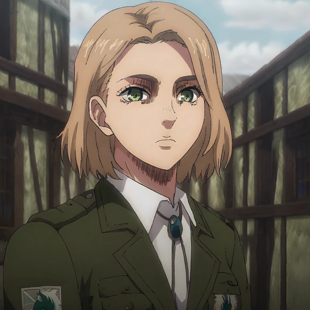 hitch dreyse, 1girl, solo, standing, medium breasts, looking at viewer, expressionless, paradis military uniform, green jacket, white shirt, pants, outdoors