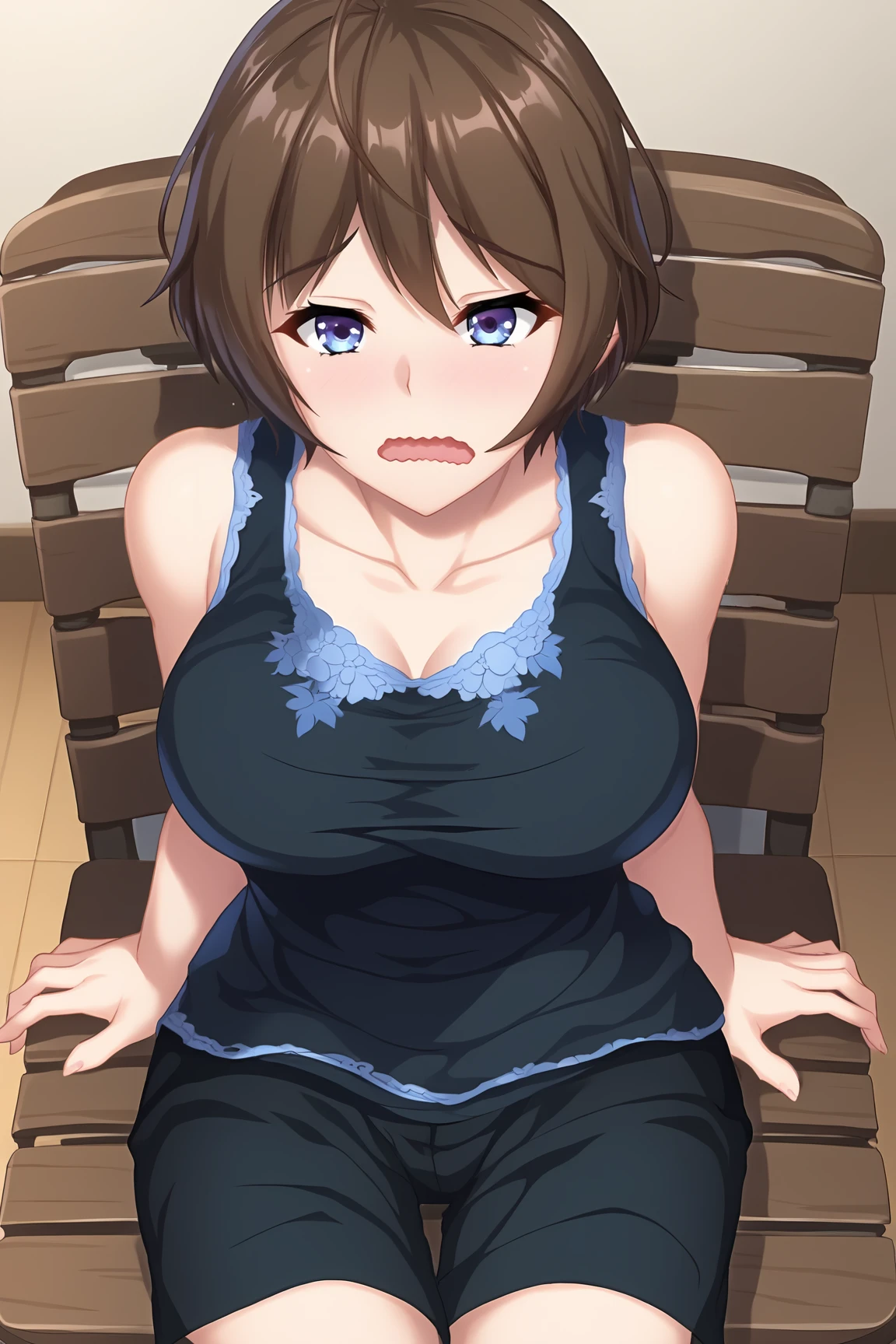 score_9, score_7_up, source_anime, 
BREAK
solo, 1girl, 
<lora:4-KusakabeAkiho-02:1>,
KusakabeAkiho, 
black shorts, sleeveless shirt, black shirt, black tank top, collarbone, blue trim, sleepwear, bare shoulders, bare arms, blue floral print, short shorts,
BREAK
wavy mouth, half opened mouth, 
Copy Room, 
Sitting, wood chair, 
from above,