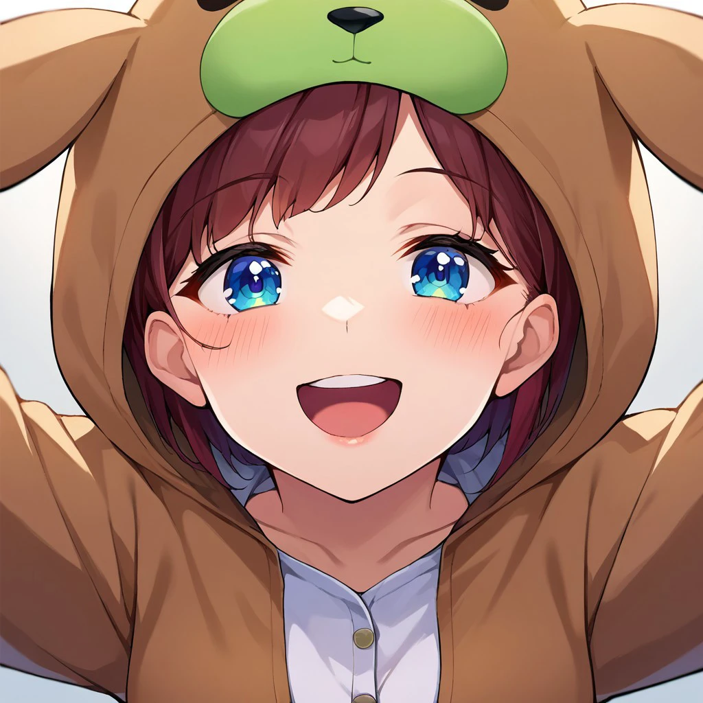 score_9, score_8, score_7, source_anime, onesie, POV, looking at viewer, blush, smile, open mouth, upper teeth only