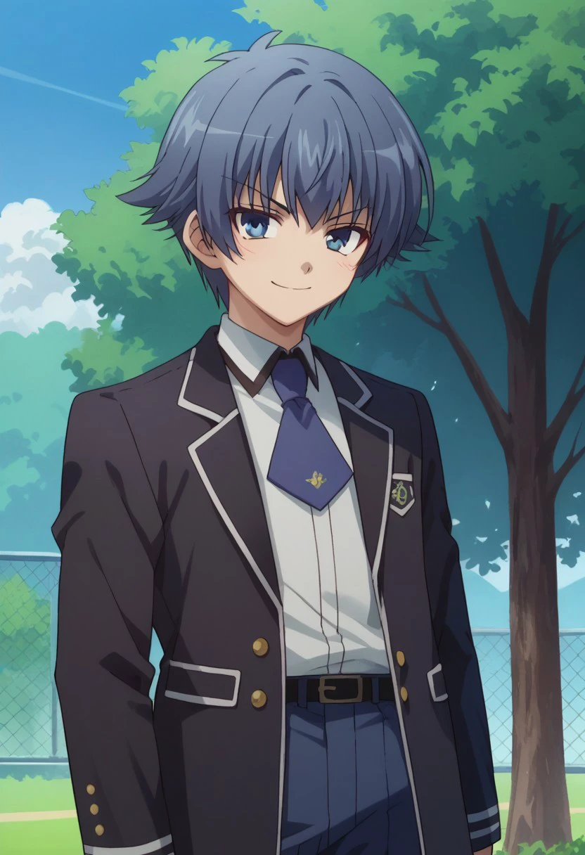 score_9, score_8_up, score_7_up, source_anime, highly detailed, 
kotatsuchiya, solo, male focus, 1boy, upper body, blue hair, blue eyes, school uniform, necktie, blue necktie, jacket, black jacket, long sleeves, pants,
blue pants, looking at viewer, smile, smirk,
outdoor, sky, tree