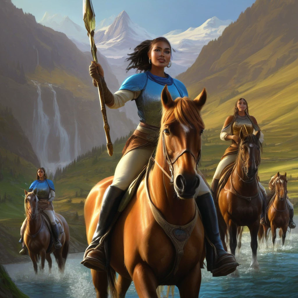 score_9, score_8_up, score_7_up,
horseback riding, covered navel, earrings, female focus, holding, spear, mountain background, multiple girls, watercraft, smile, boots, blue eyes, gloves, scenery, from behind, horse, dark skinned girls, blue clothes, blue capes