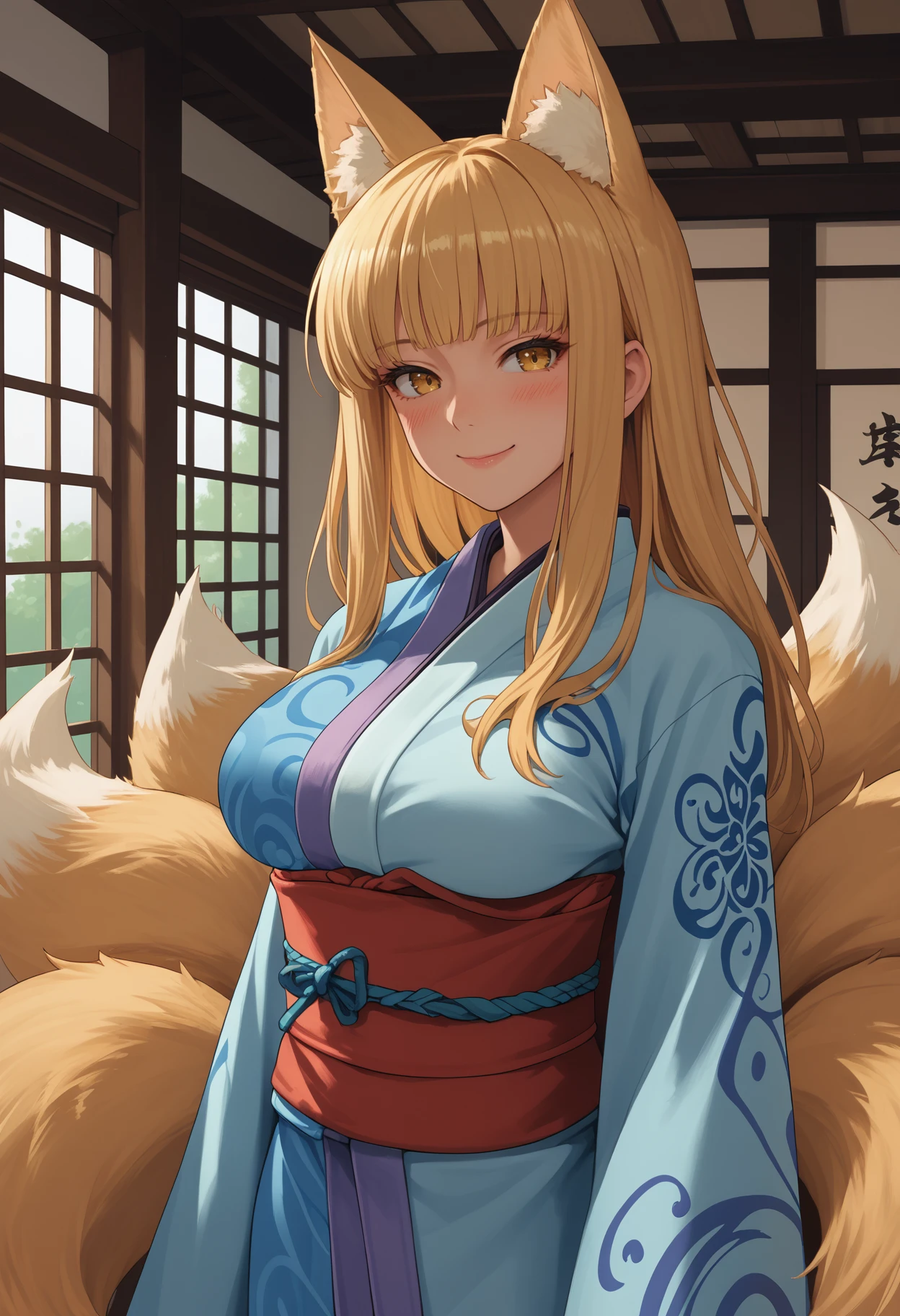 score_9, score_8_up, score_7_up, source_anime BREAK 1girl, solo, <lora:kitsune-mge-richy-v1_pdxl:1> inari, yellow eyes, fox ears, fox tail, multiple tails, blonde hair, long hair, large breasts, blue kimono, sash, standing, indoors, fantasy, smile, blush, looking at viewer, pov