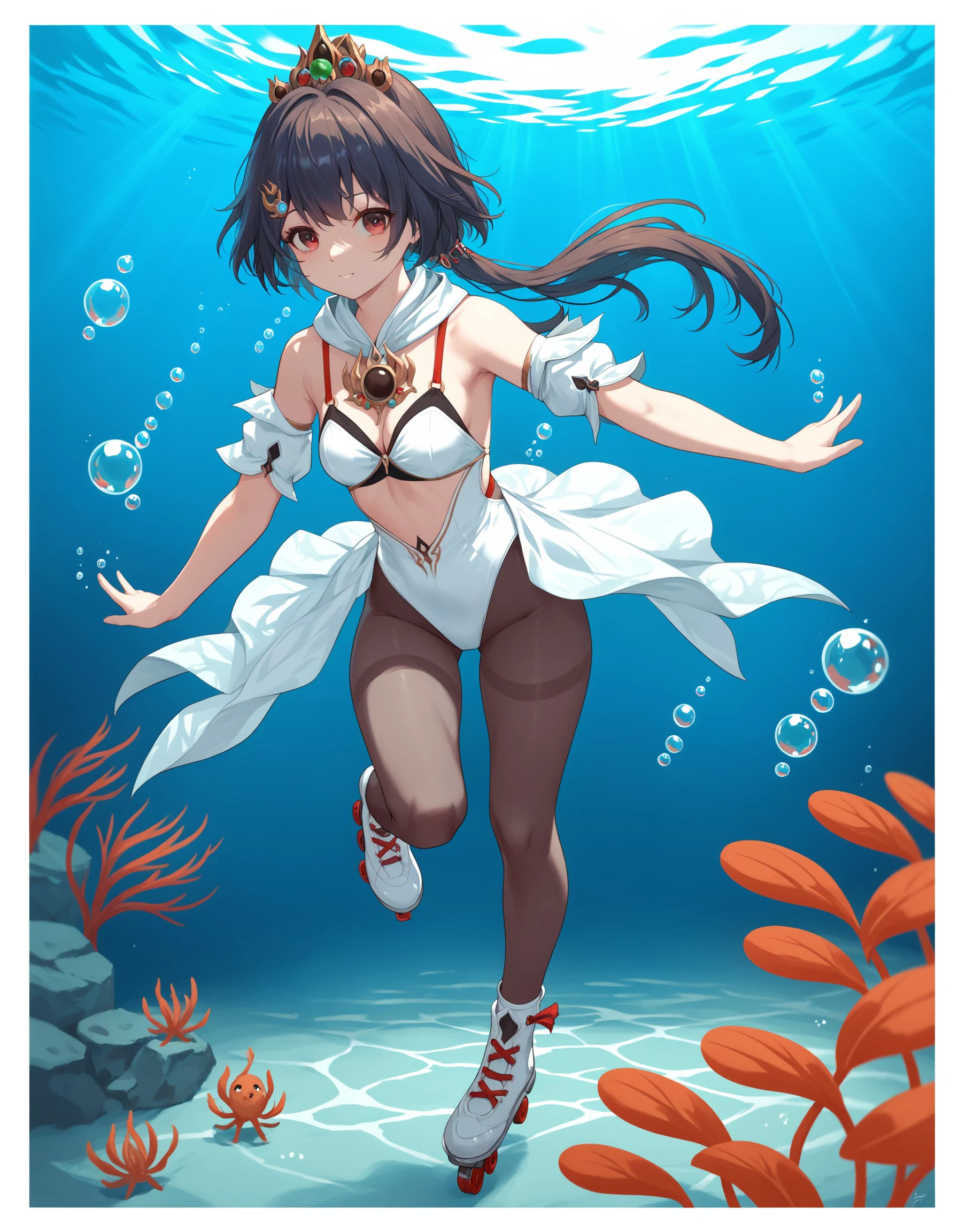 score_9, score_8_up, score_7_up, Yunli, bangs, hair ornament, pantyhose, cleavage, looking_at_viewer, underwater, standing_on_one_leg, full_body, bangs, bare_shoulders, water, small_breasts, standing, leotard, ballet, bubble, ice_skates, <lora:64a376d8-6ac8-48ec-973a-c49b2770489a:0.7>