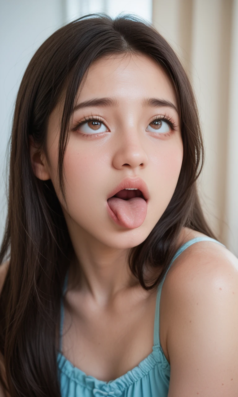 score_9, score_8_up, score_7_up, score_6_up, score_5_up, score_4_up, realistic, photo, (detailed face and eyes)1.1, detailed skin, BREAK, 1girl, solo, (cute)1.2, ahegao, open mouth, tongue out, cross-eyed, rolling eyes,brown eyes, black hair, long hair