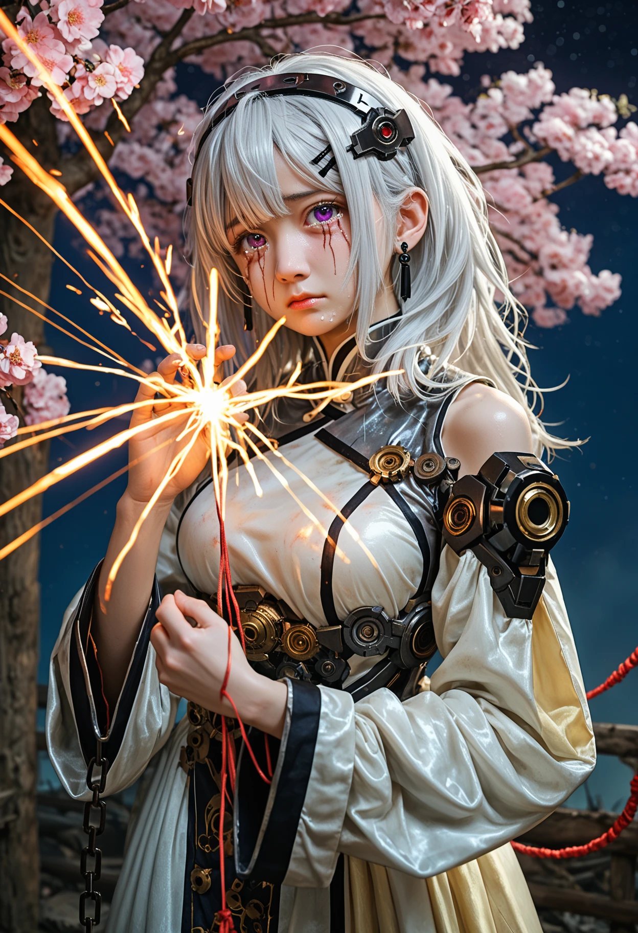 1girl,solo,looking at viewer,medium hair,bangs,hairband,purple eyes,hair ornament,hair between eyes,white hair,fluffy hair,large_breasts,blush shy,shiny_skin,very detailed clothes,very realistic textures,very detailed textures,longeyelashes,brown eye shadow,night,dim light,cyberpunk,mechanical arm,sci-fi style clothes,hair_tucking,metal material,realistic metallic texture,hands,raise your hand,Injuries,scratches,gears,links,chains,wires,sparks,electric sparks,crying,tears,
1girl,large_breasts,Gray hair,air bangs,very long hair,thick hair,fluffy hair,Chinese clothing,very long dresses,hair accessories,hairpins,loose sleeves,long sleeves,bracelets,earrings,Hanfu,fine costumes,fine textures,girl standing beside the peach tree in a daze,flapping her hair,light yarn,translucent,, score_9,score_8_up,score_7_up,masterpiece,best quality,8k,