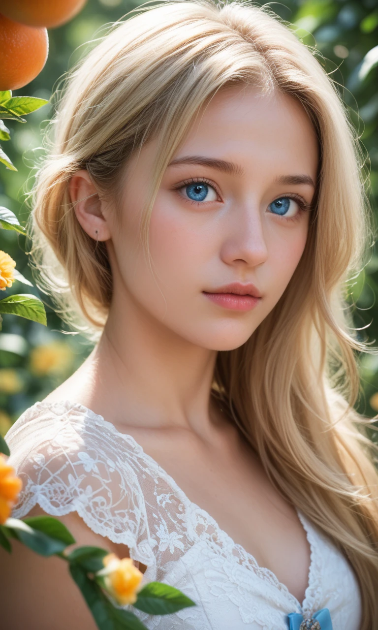 score_9, score_8_up, score_7_up, score_6_up, score_5_up, score_4_up, realistic, photo, raw lighting, BREAK, portrait, 1girl, solo, blonde hair, blue eyes, masterpiece, best quality, ultra-detailed, floating, beautiful detailed eyes, detailed light, fruits, flowers, colorful, garden, colorful background, forest, butterfly