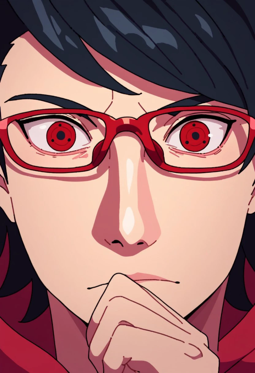 ,score_9, score_8_up, score_7_up, streetstskye, , Street style sky \(paladins\),
sharingan \(three\),  sharingan, solo, looking at viewer, black hair, red eyes, 1boy, male focus, glasses, bug, close-up, reflection, red-framed eyewear, eye focus, ladybug