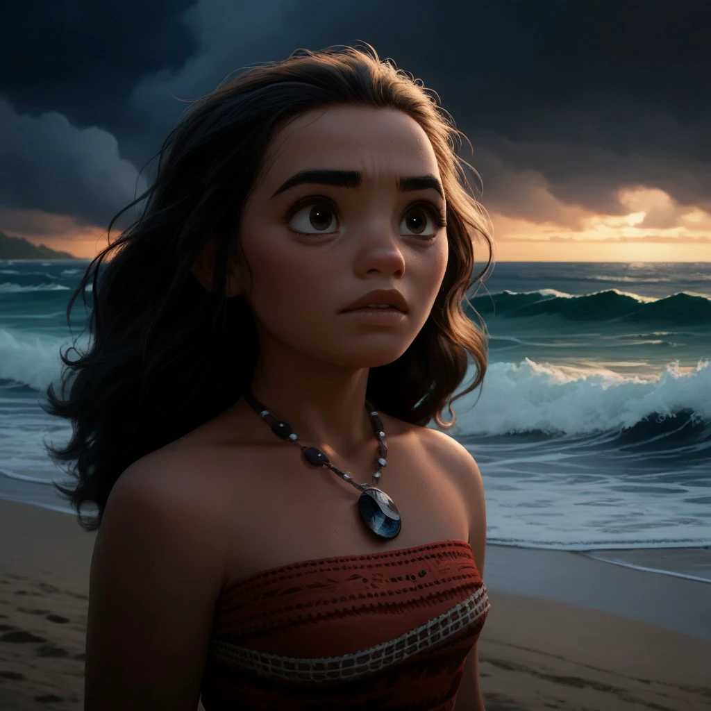 score_9, score_8_up, score_7_up, score_6_up, score_5_up, score_4_up, MoanaM, standing on the beach, stormy weather, dark sky, waves, portrait, necklace