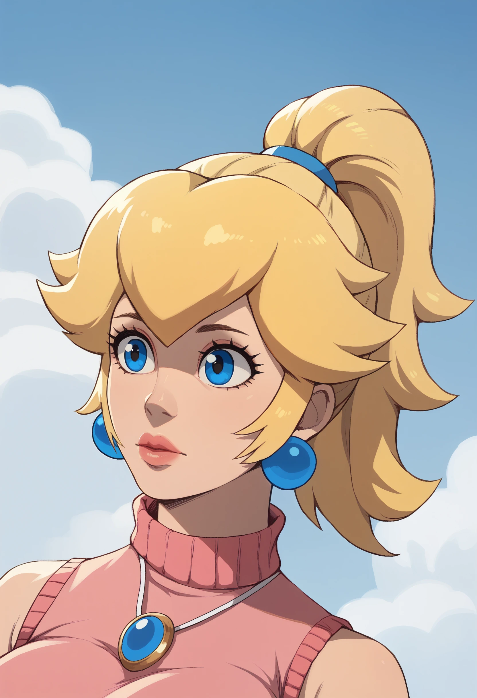 score_9, score_7_up, <lora:contingency-guy-PONY-DORAv1:1>, 1girl, solo, (princess peach):0.8, sweater, barefoot, sleeveless, portrait, large breasts, blue sky, ponytail, hair hair tie