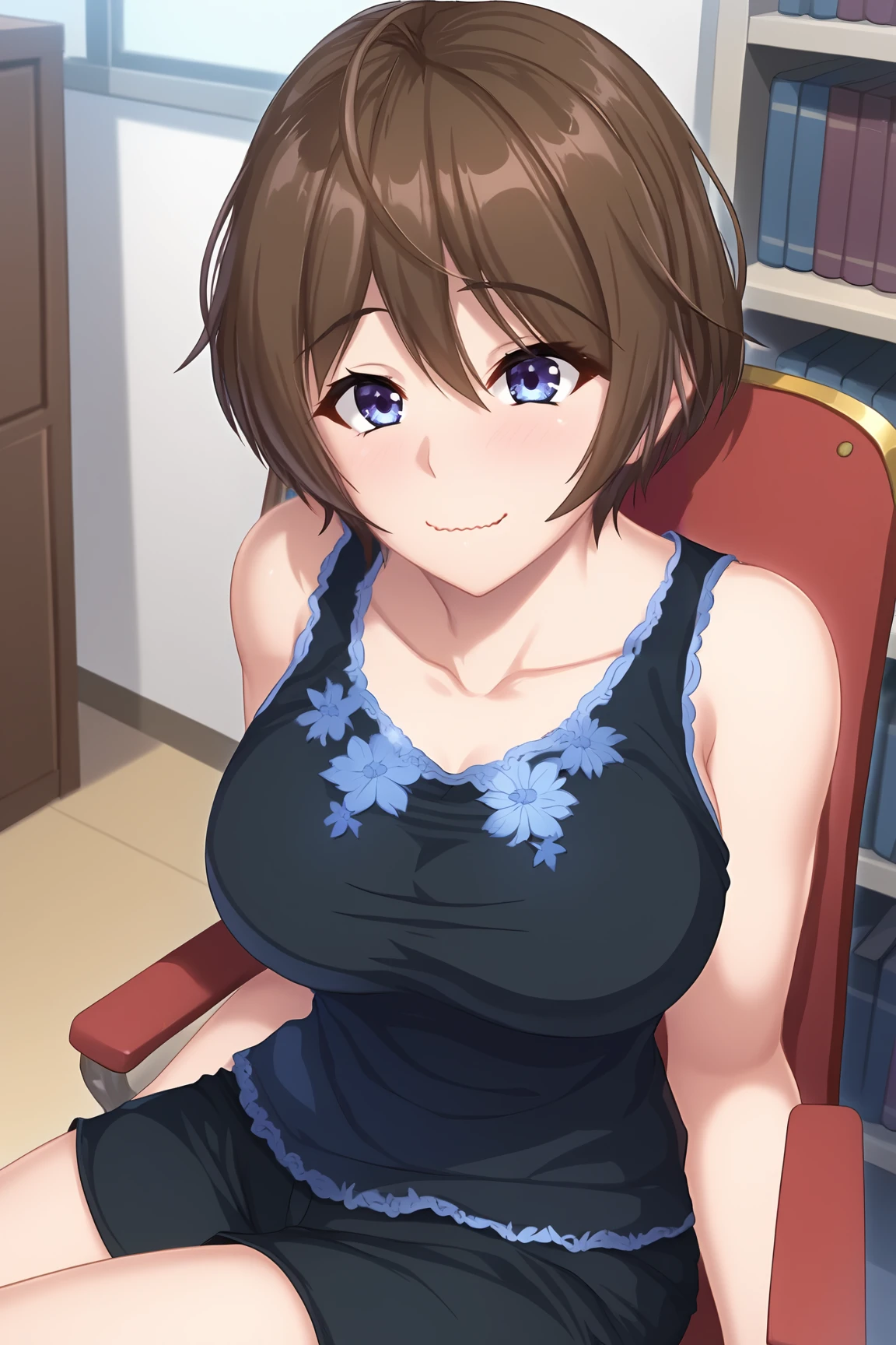 score_9, score_7_up, source_anime, 
BREAK
solo, 1girl, 
<lora:4-KusakabeAkiho-02:1>,
KusakabeAkiho, 
black shorts, sleeveless shirt, black shirt, black tank top, collarbone, blue trim, sleepwear, bare shoulders, bare arms, blue floral print, short shorts,
BREAK
wavy mouth, smile, 
﻿library Unique Artistic buckground, lighting melow, 
Sitting, simple chair, 
three quarter view,