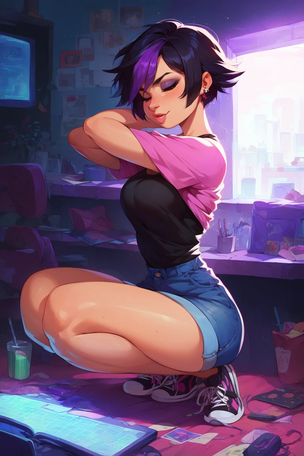 score_9, score_8_up, score_7_up, score_6_up, score_5_up, score_4_up, masterpiece, high quality, full body,   <lora:GoGo (BH6):0.8> purple streak hair, asian, short hair, black hair, purple hair, multicolored hair,