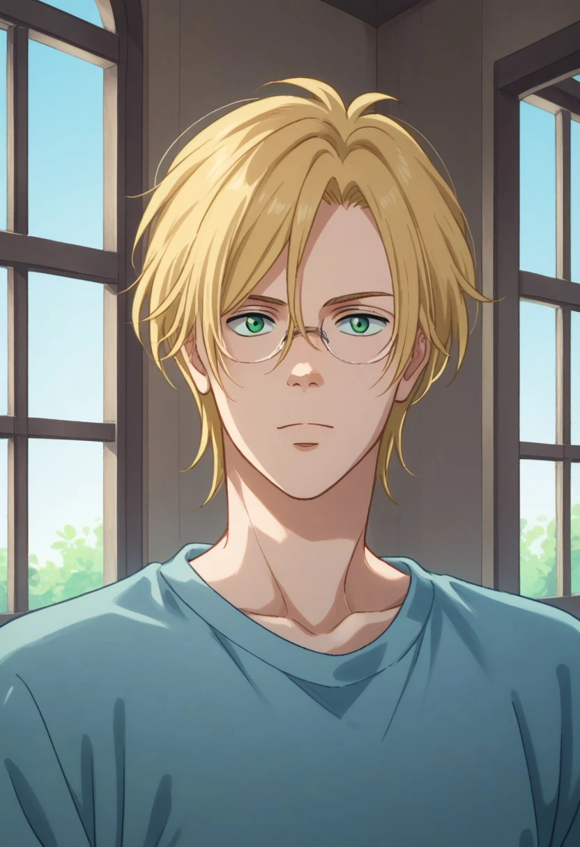 score_9, score_8_up, score_7_up, source_anime, highly detailed, 
ashlynx, 1boy, blonde hair, male focus, glasses, solo, green eyes, looking at viewer,
sweater, blue sweater, shirt, white shirt, upper body, slender, skinny
indoor, window,