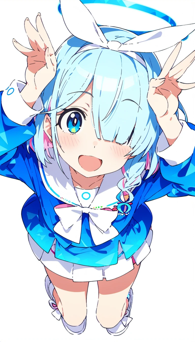1girl, arona \(blue archive\), by mika pikazo, by ogipote, [[[by ixy]]], blue eyes, blue hair, blue halo, blush, colored inner hair, hair over one eye, halo, rabbit pose, arms up, jumping, open mouth, long sleeves, full body, foreshortening, ((from above)), looking at viewer, multicolored hair, pink hair, pleated skirt, white background, smile, solo, white background, white footwear, white skirt, very aesthethic, amazing quality, best quality, absurdres