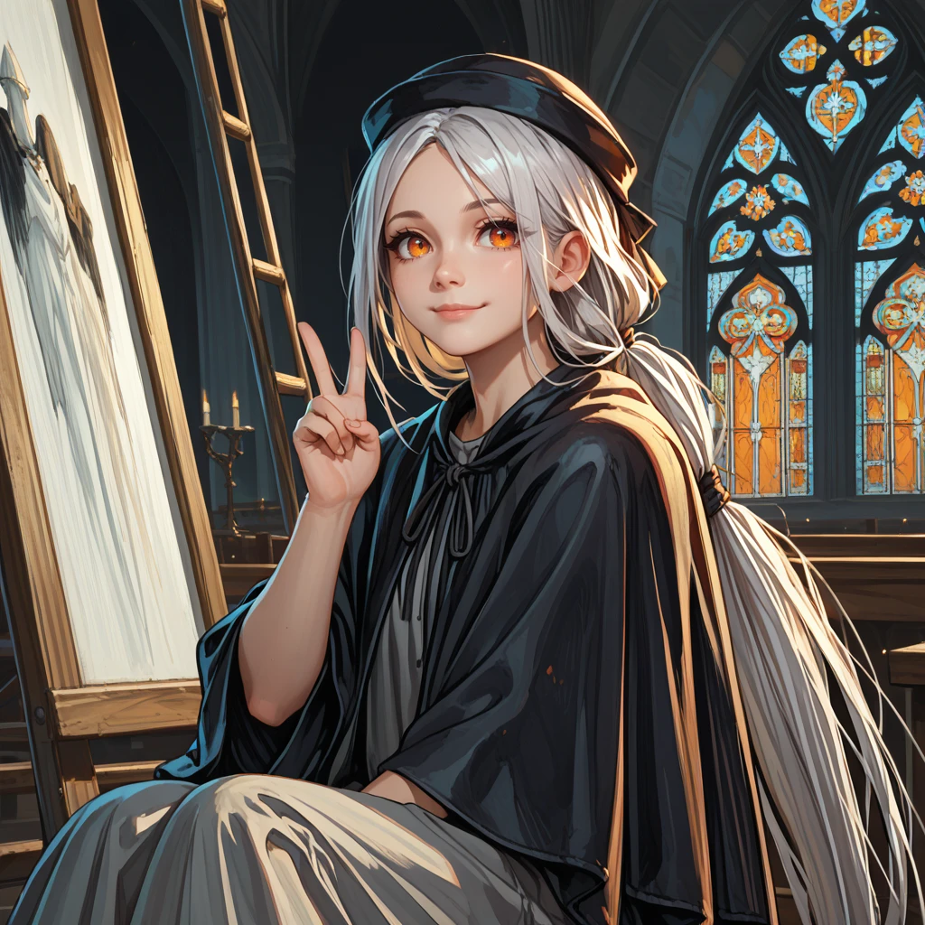 1girl,solo,<lora:painting woman:1>,painting woman,white hair,orange eyes,ponytail,absurdly long hair,beret,black capelet,grey shirt,
indoors,church,painting \(object\),
looking at viewer,smile,closed mouth,sitting,on ladder,hand up,v,hand in lap,, score_9, score_8_up, score_7_up, perfect anatomy, source_anime, zPDXL2,