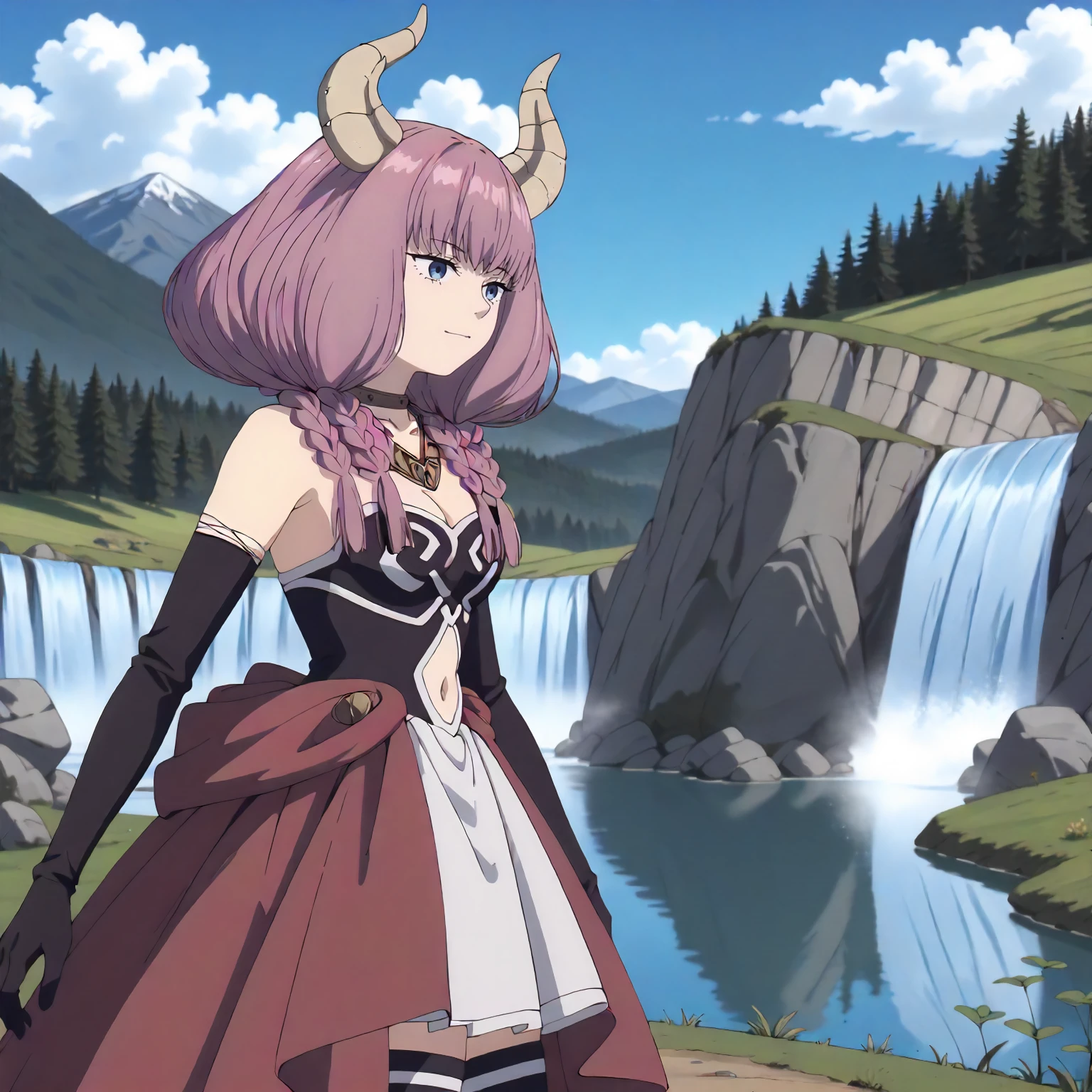 <lora:FBJE_TheGuillotineAuraXLpony009>,
outdoors,nature,grassland,grass,plant,mountain,lake,blue sky,cloud,natural light,waterfall,fog,
solo,
TheGuillotineAura,1girl,pink hair,horns,multiple braids,blue eyes,
bare shoulders,cleavage,
choker,necklace,
dress,navel cutout,navel,
black elbow gloves,
red long skirt,white mini skirt,
zettai ryouiki,
thigh boots,
standing,from side,