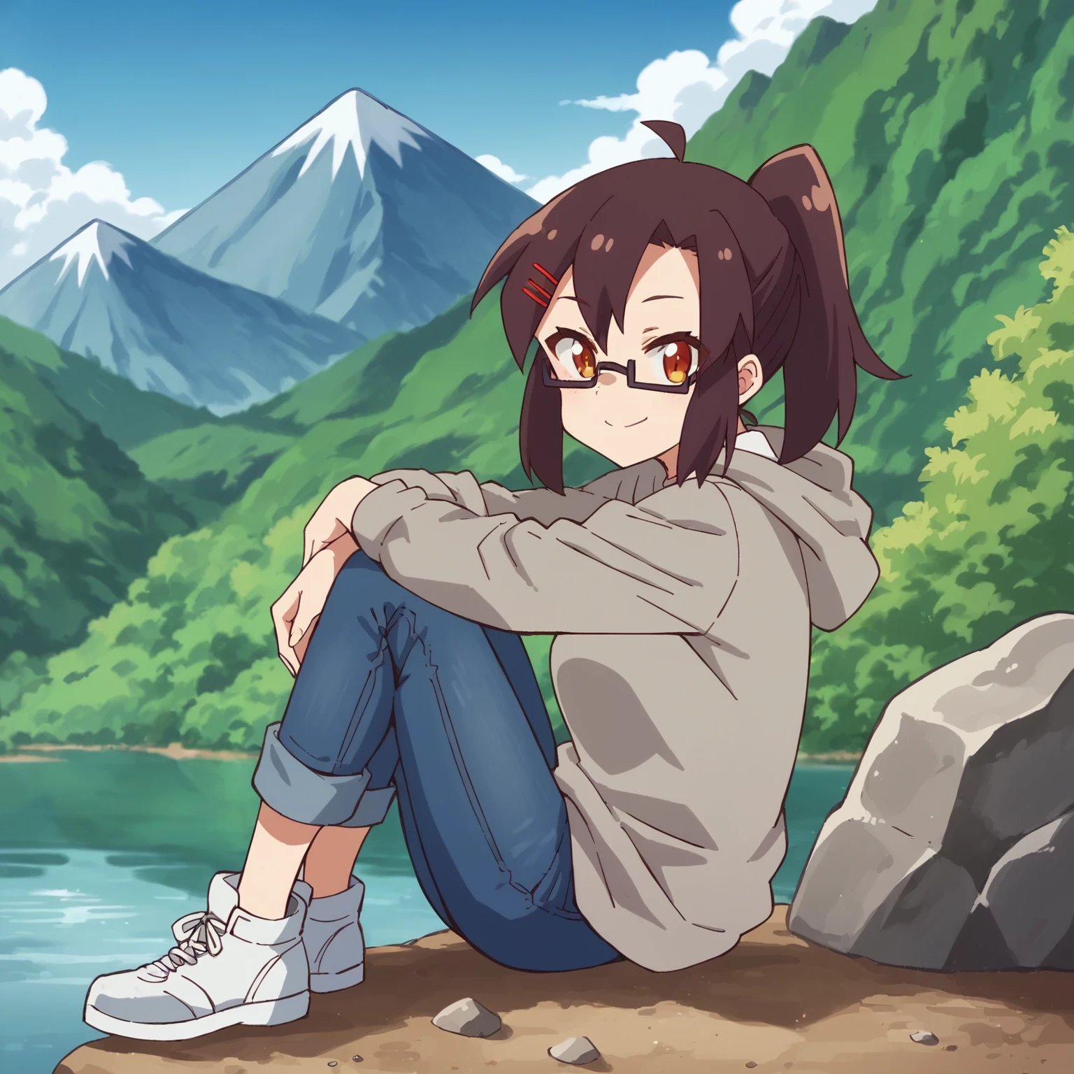 score_9, score_8_up, score_7_up, source_anime BREAK
1girl. outdoors, cowboy shot, grey hoodie, jeans, white sneakers, nature, mountain, river, looking at viewer, smile, sitting, knees up, rock, from side
koenji, glasses, red hairclip, high ponytail
<lora:Koenji-750:1>