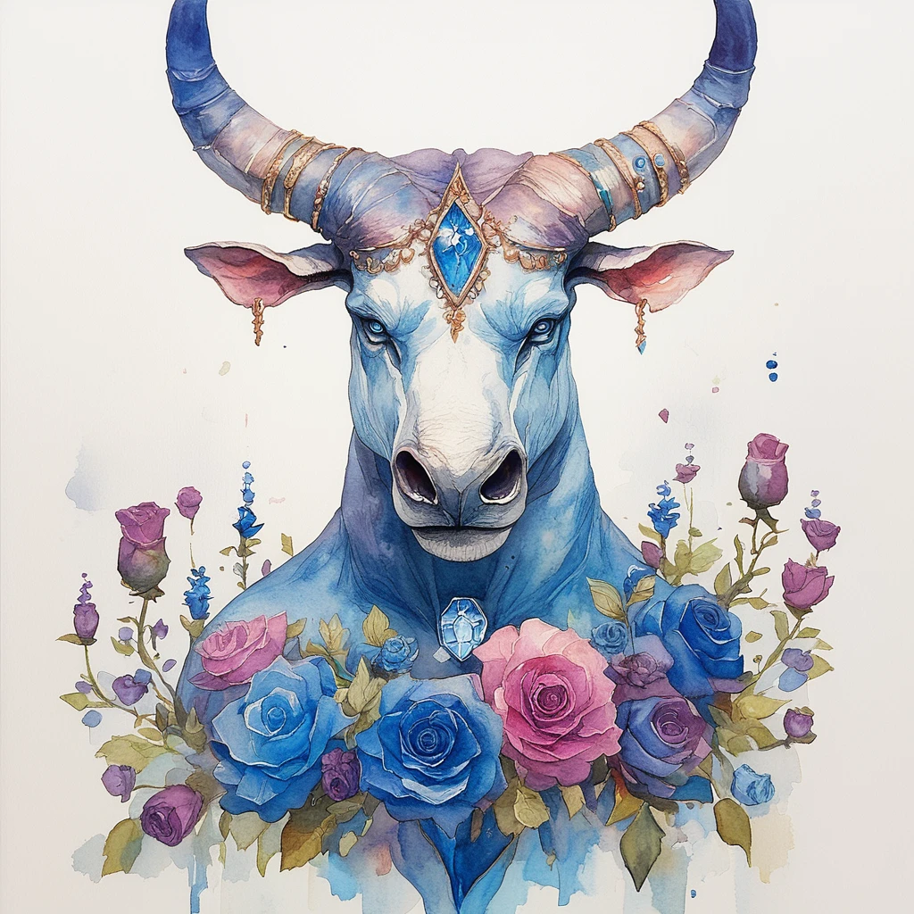 Score_9, score_8_up, score_7_up, score_6_up,    ArsMJStyle, Taurus, The image shows a painting of a bull with horns and flowers on its head set against a white background. The bull is surrounded by a variety of colorful flowers giving the painting a vibrant and lively feel., no humans, horns, purple flower, flower, painting (medium), blue flower, purple rose, rose, blue eyes, traditional media, gem, watercolor (medium), blue rose, jewelry, solo, looking at viewer, blue gemstone