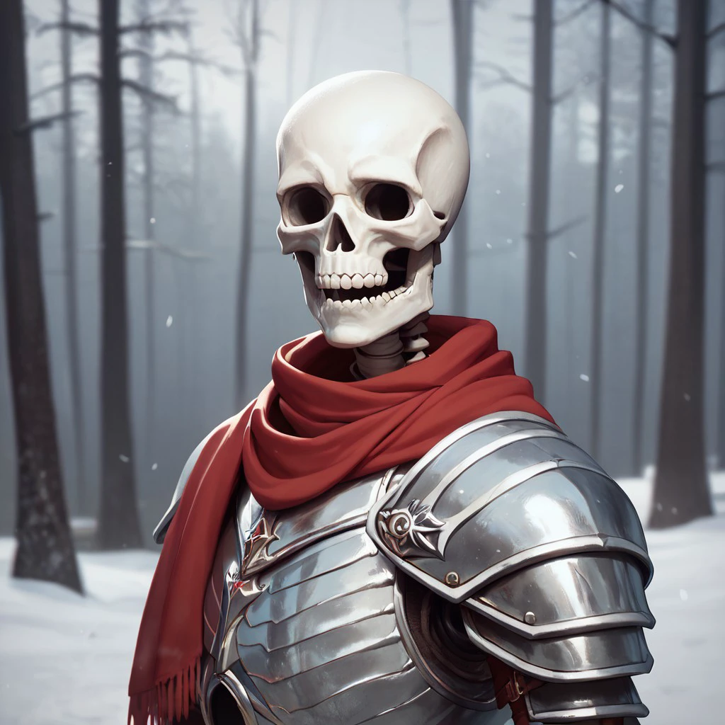 (((detailed, beautiful, high quality))), upper Body, score_9, score_8_up, score_7_up,
1other, skeleton, empty eyes, white armor, red scarf, red gloves,
looking at the viewer, posing, snowy forest, blurred background, blurred fantasy background,