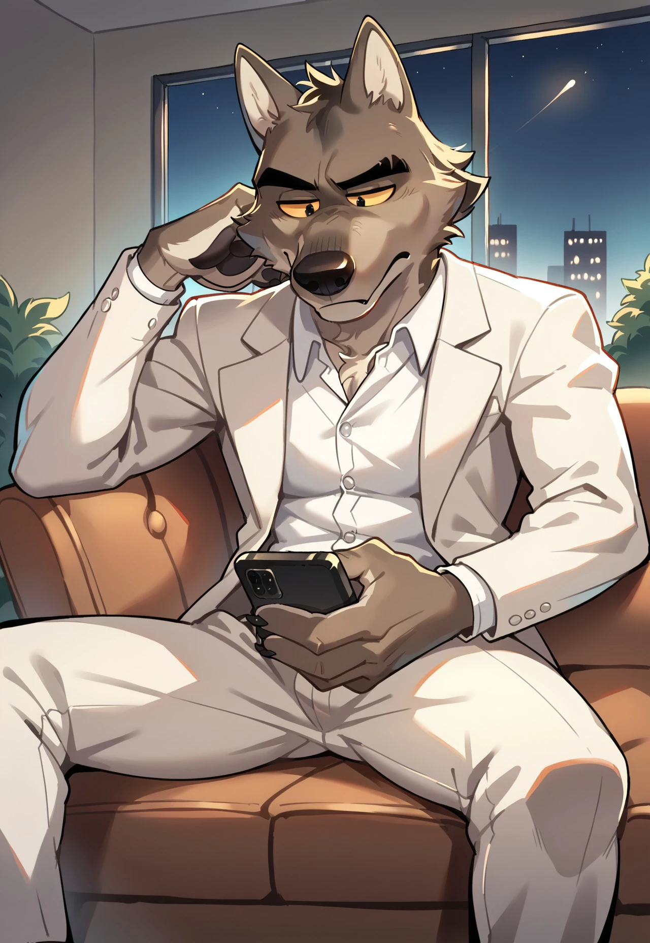 score_9, score_8_up, score_7_up, score_6_up, score_5_up, score_4_up, source_furry, hi res, anime, dynamic angle, dark, night, sitting on sofa, on his phone, MrWolf, Wolf, yellow sclera, black eyes, bored expression, closed mouth, Cream-White Suit, Cream-White Pants, White Shirt, Brown Shoes, looking below, anthro, male, perfect anatomy