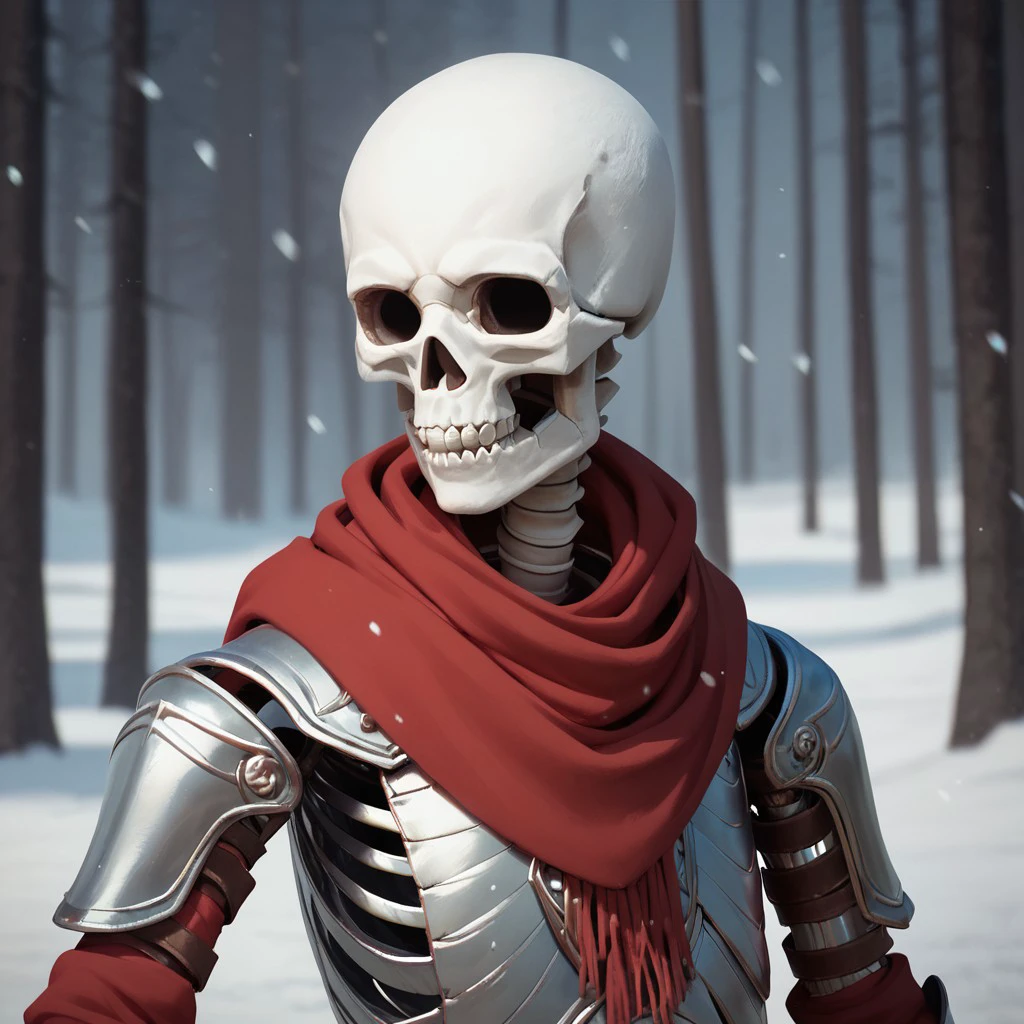 (((detailed, beautiful, high quality))), upper Body, score_9, score_8_up, score_7_up,
1other, skeleton, empty eyes, white armor, red scarf, red gloves,
looking at the viewer, posing, snowy forest, blurred background, blurred fantasy background,