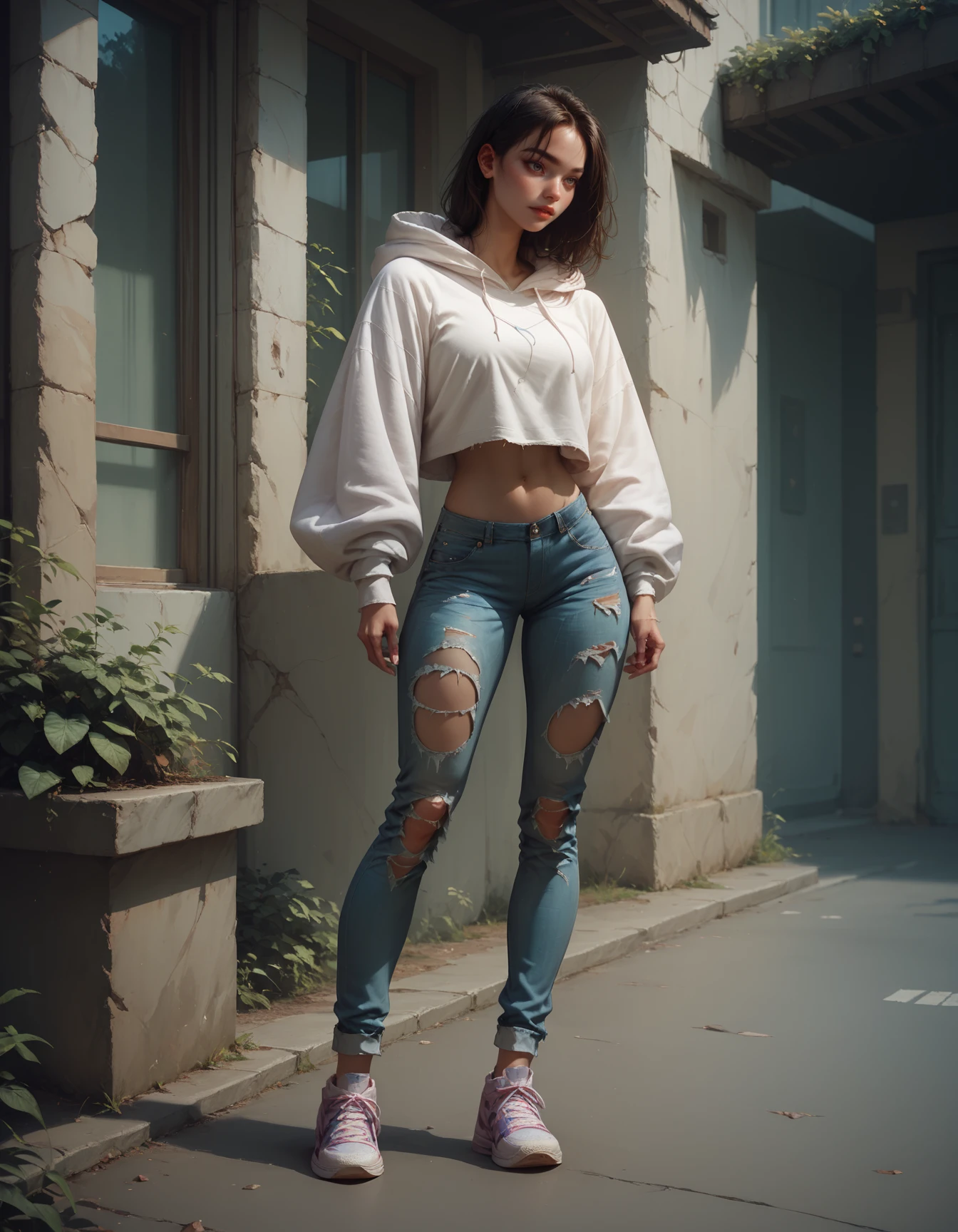 score_9, score_8_up, score_7_up, score_6_up, score_5_up, 1 girl, Jed-cslstwr, Casual Streetwear,  Oversized white hoodie, ripped jeans, sneakers, bare midriff, outdoor,    <lora:CasualStreetwear:0.7>