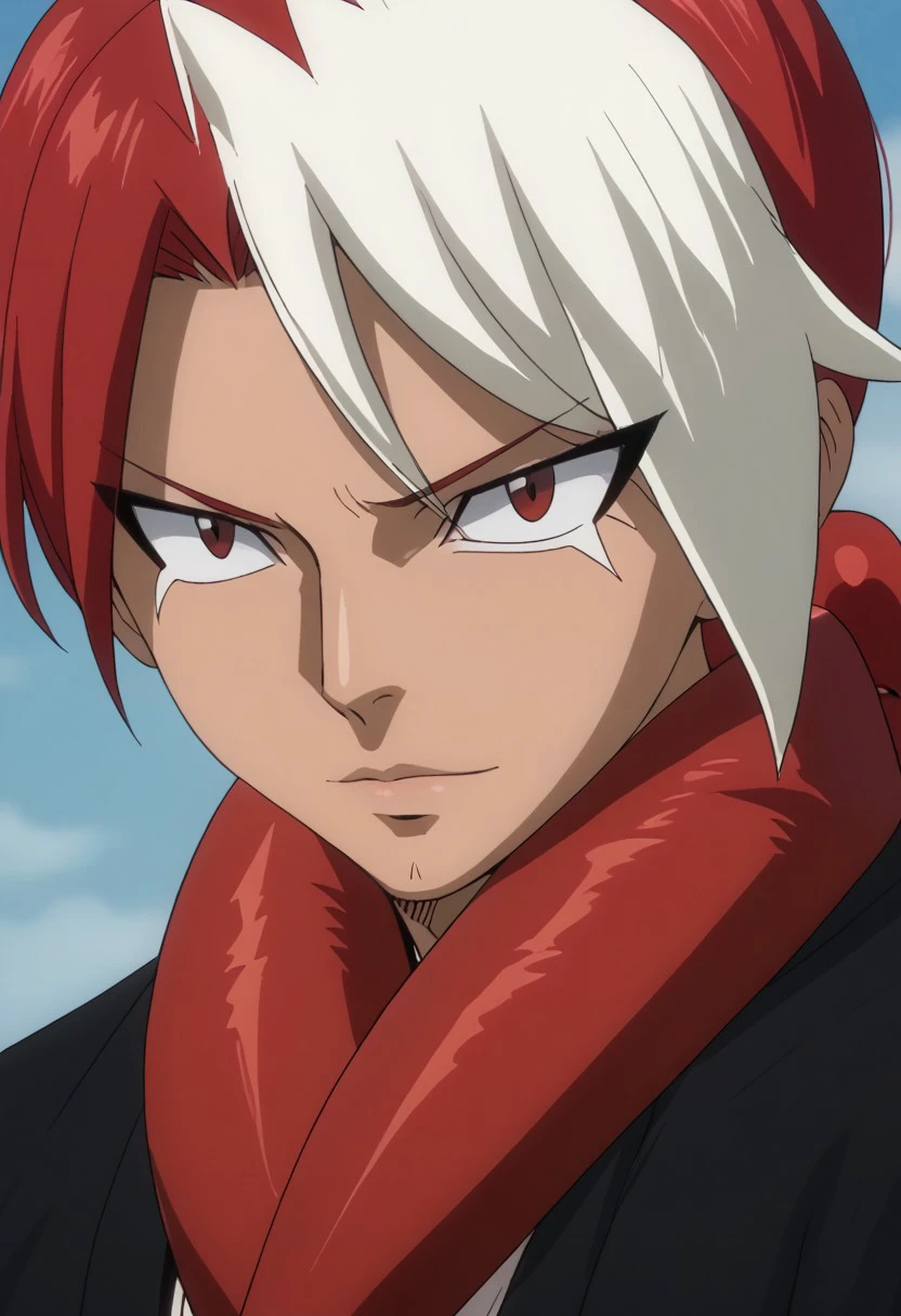 score_9, score_8_up, score_7_up, source_anime, rating_safe, ScorpiFT, red-white Scorpi hair, 1boy, male focus, anime screencap,