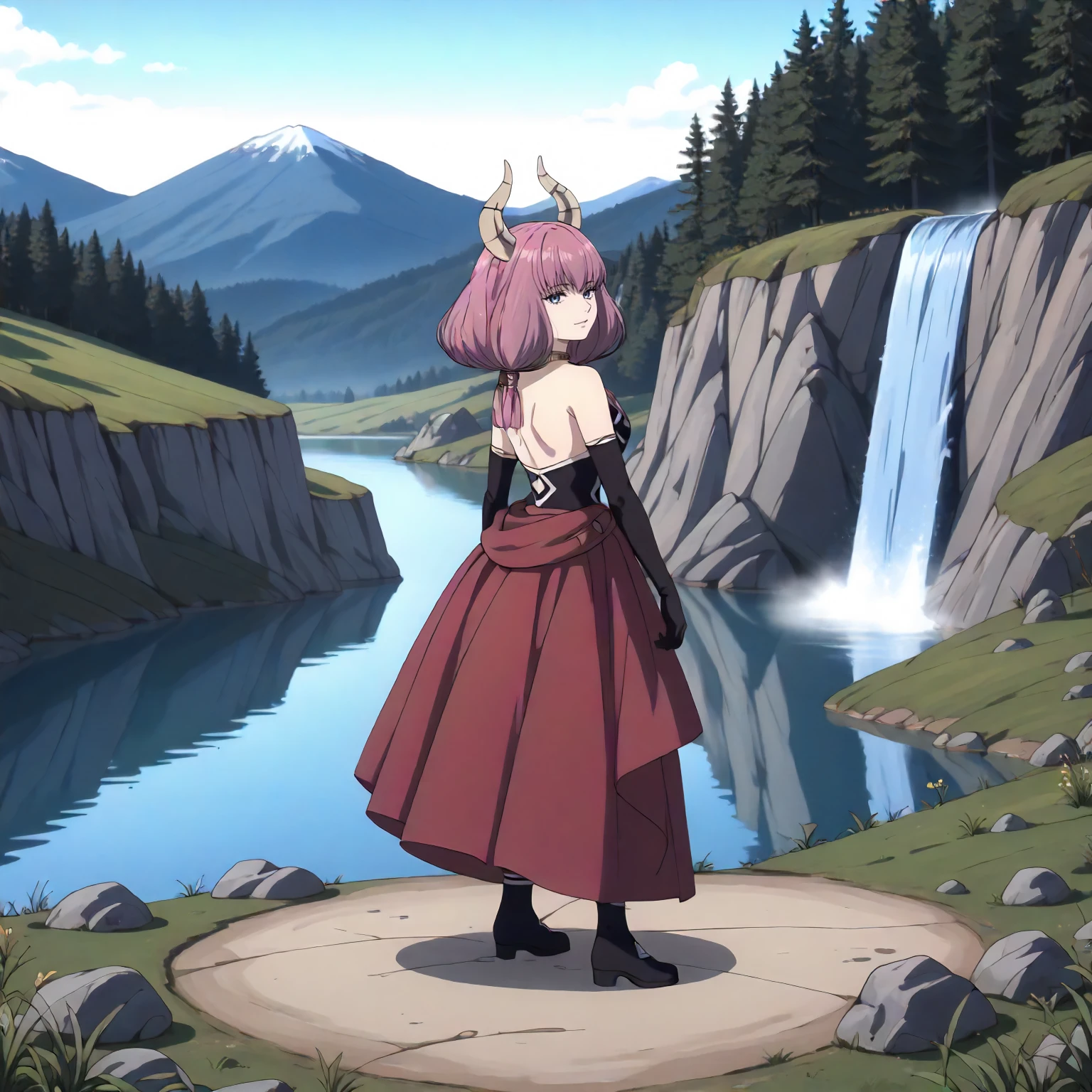 <lora:FBJE_TheGuillotineAuraXLpony009>,
outdoors,nature,grassland,grass,plant,mountain,lake,blue sky,cloud,natural light,waterfall,fog,
looking at viewer,half-closed eyes,
solo,
TheGuillotineAura,1girl,pink hair,horns,blue eyes,
bare shoulders,
choker,
dress,
black elbow gloves,
red long skirt,
full body,standing,looking back,