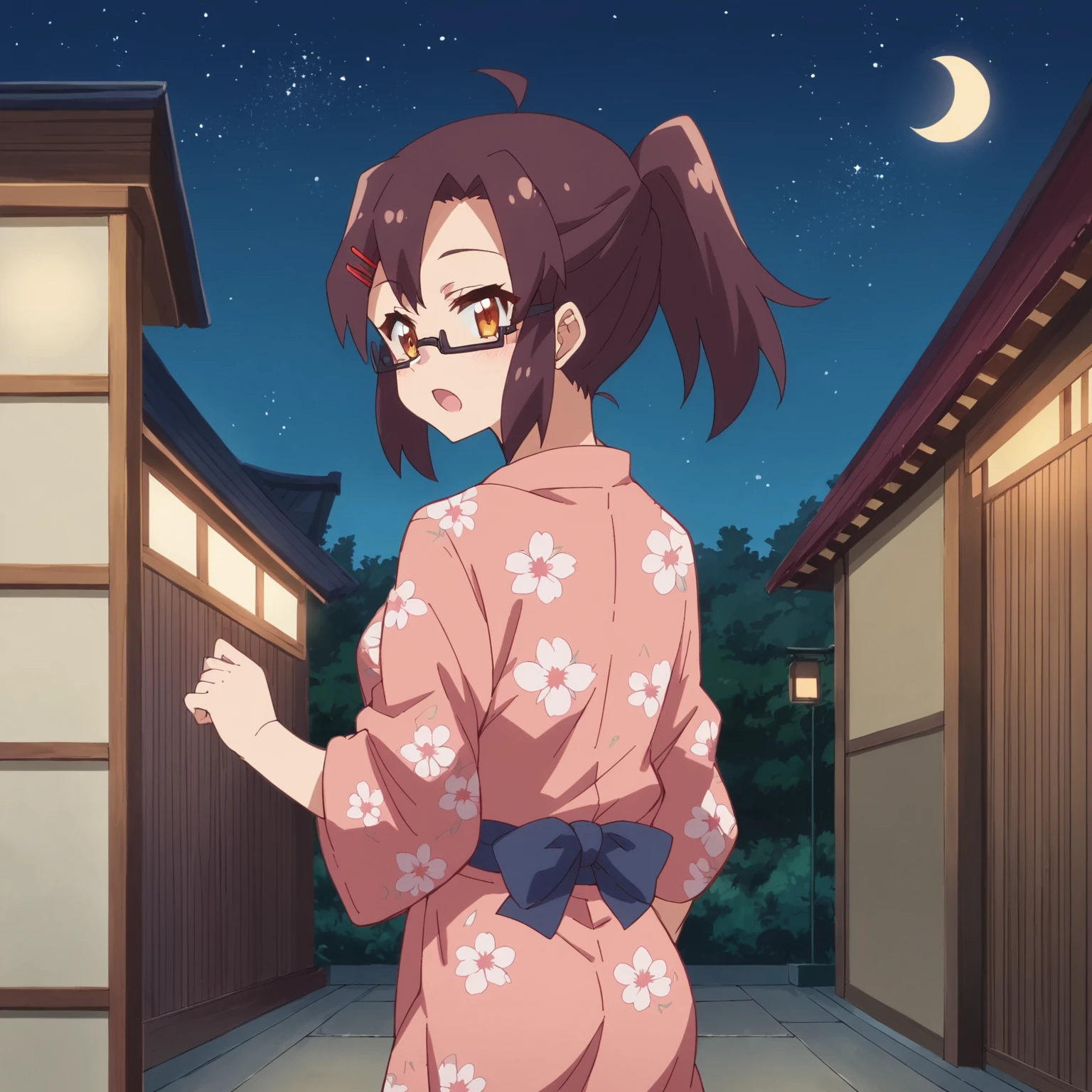 score_9, score_8_up, score_7_up, source_anime BREAK
1girl. outdoors, standing, from behind, looking back, open mouth, :d, looking at viewer, pink yukata, floral print, cowboy shot, night, starry sky
koenji, glasses, red hairclip, high ponytail
<lora:Koenji-750:1>