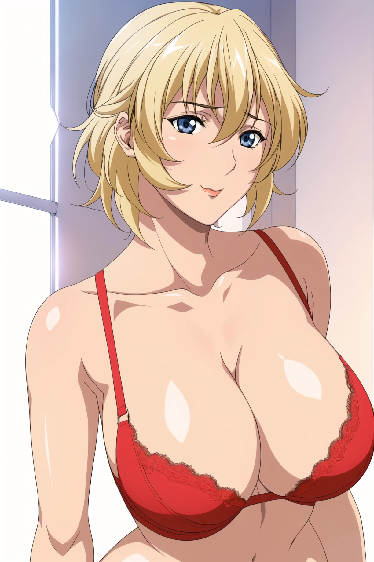 Simple Background,(White_Background:1.1),
dynamic pose,standing at attention,
Red Bra, lace trim, ribbon, bare shoulders, collarbone, cleavage, Navel,
<lora:Yuuka_Konishi_DarkShell-KK77-V1:0.7>,
blue eyes, blonde hair, bangs,Short hair,Makeup, red lipstick,
<lora:more_details:0.1>,<lora:NovelAI_YesMix5_KKStyle-KK77-Yes5-V1:0.3>,<lora:Oda_Non_Style2-KK77-Yes5-V1:0.3>,
1 girl, 20yo,Young female,Beautiful long legs,Beautiful body,
Beautiful Nose,Beautiful character design, perfect eyes, perfect face,expressive eyes,perfect balance,
looking at viewer,(Focus on her face),closed mouth, (innocent_big_eyes:1.0),(Light_Smile:0.3),
official art,extremely detailed CG unity 8k wallpaper, perfect lighting,Colorful, Bright_Front_face_Lighting,White skin,
(masterpiece:1.0),(best_quality:1.0), ultra high res,4K,ultra-detailed,
photography, 8K, HDR, highres, absurdres:1.2, Kodak portra 400, film grain, blurry background, bokeh:1.2, lens flare, (vibrant_color:1.2),professional photograph,
(Beautiful,large_Breasts:1.4), (beautiful_face:1.5),(narrow_waist),