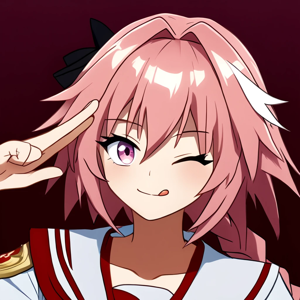 score_9, score_8_up, score_7_up, source_anime, anime screencap, anime coloring, 
BREAK
<lora:shiPose:0.8>, shipose, two-finger salute, salute, one eye closed, tongue, tongue out, ;p, looking at viewer, 
1girl, solo, astolfo \(fate\),