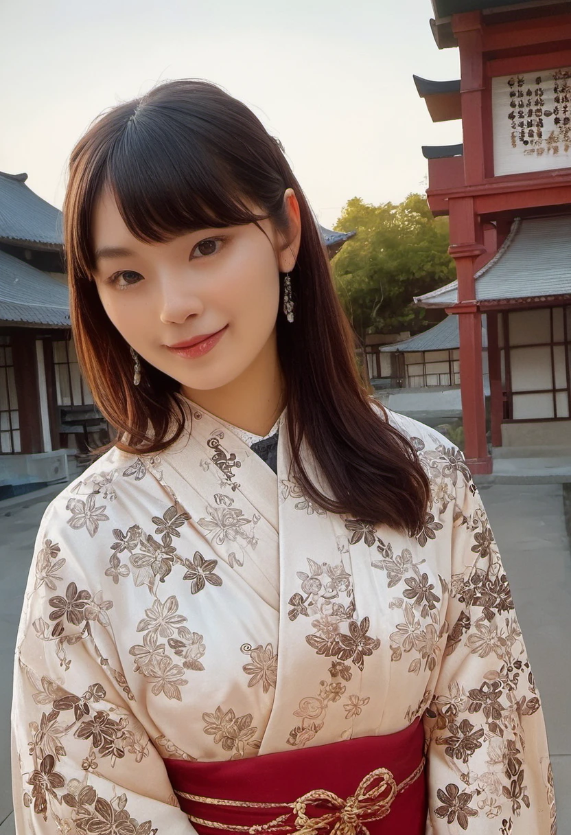 Saya Hiyama, wearing a traditional japanese dress, standing in a japanese temple