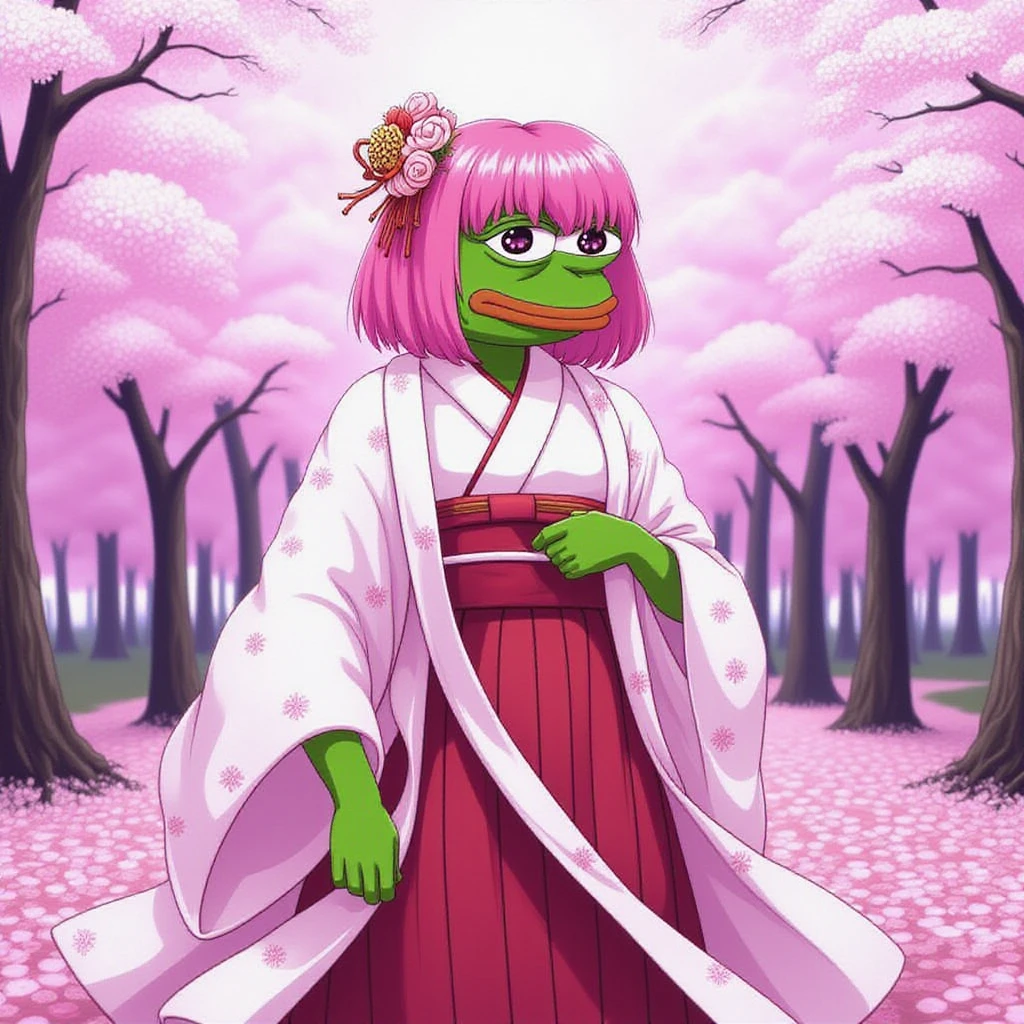 girl pepe with pink hair wearing a traditional kimono, standing amid cherry blossom trees, anime