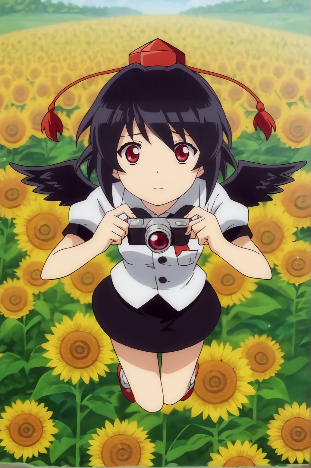 score_9, score_8_up, score_7_up,anime_source, source_anime, best background, detailed background, anime screencap,  Aya, black wings, camera, flower, flower field, flying, geta, hat, looking at viewer, solo, sunflower, tokin hat, wings outdoors, <lora:JN_Shameimaru_Aya:0.8>