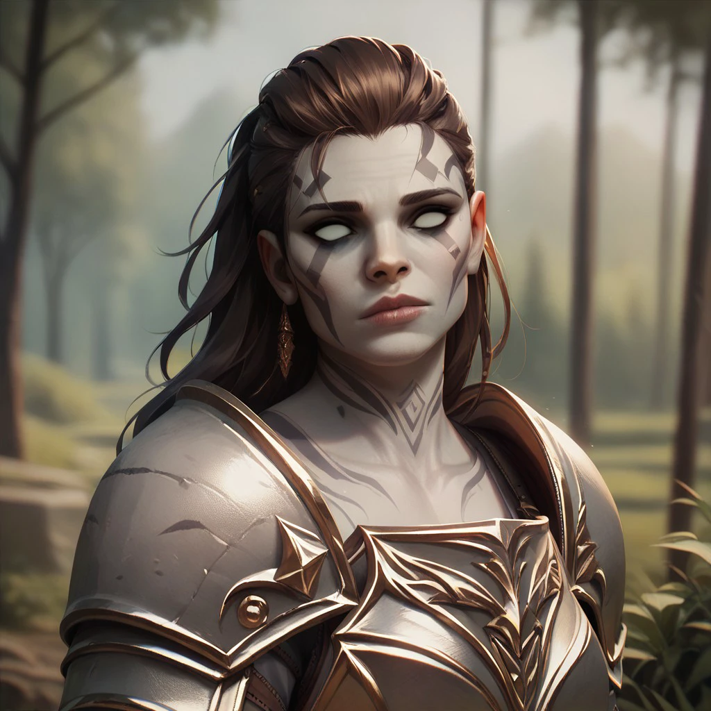 (((detailed, beautiful, high quality))), upper Body, score_9, score_8_up, score_7_up,
goliath, empty eyes, gray skin, stone skin, , body tattoo, face tattoo,
1girl, brown hair, gold tattoos, grey armor, fur,
looking at the viewer, posing, blurred background, blurred fantasy background,