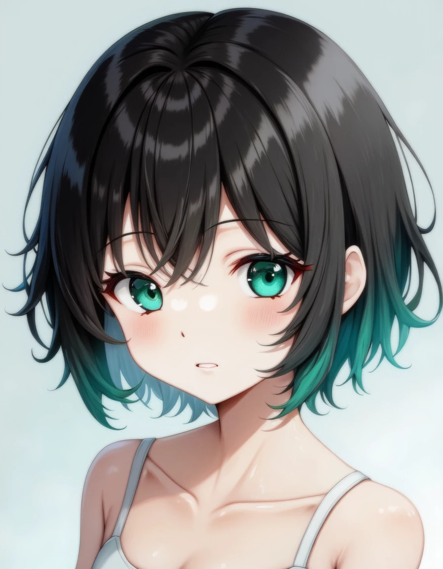 One 14-year-old girl, ((Black summer clothes))、(Pastel inner color hairstyle), Beautiful Hair, Facial Contour, Remember, garden, sunlight、splash, Lens flare,, Natural Color, High resolution, Very delicate, Very detailed, 8k,(There is swelling of the breasts、About B cup)、Shyness,((Sexual))、Angle of view from above