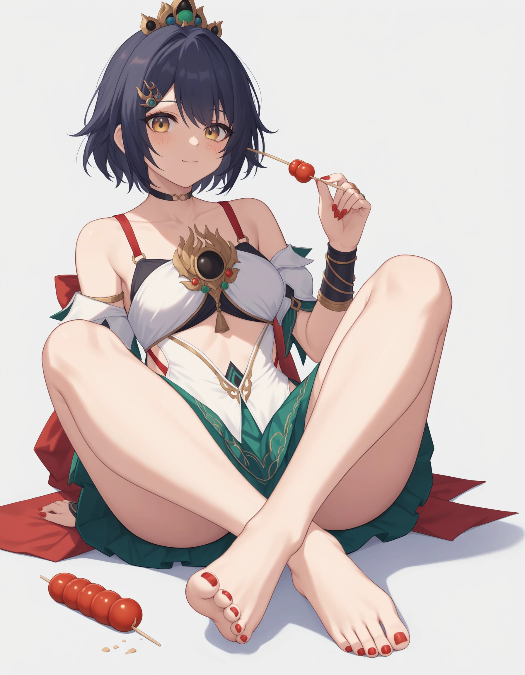 score_9, score_8_up, score_7_up, 1girl, foot_focus, barefoot, foreshortening, nail_polish, feet, food, toes, solo, soles, hair_ornament, toenail_polish, toenails, looking_at_viewer, white_background, dango, holding, yellow_eyes, skirt, long_hair, sitting, bangs, holding_food, wagashi, red_nails, simple_background, blush, hairclip, shadow, shiny, small_breasts, breasts, legs, bare_legs, green_skirt, bare_shoulders, blue_hair, sidelocks, jewelry, closed_mouth, choker, black_hair, <lora:64a376d8-6ac8-48ec-973a-c49b2770489a:0.7>