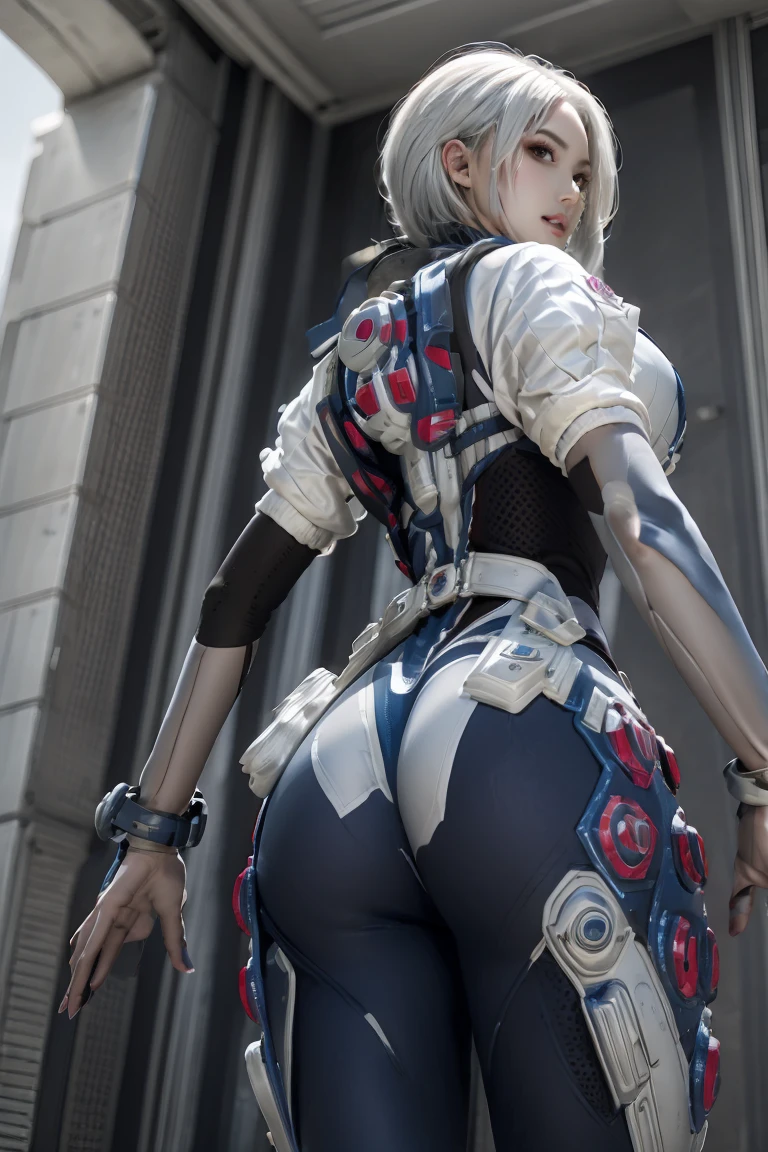 masterpiece,(bestquality),ultra-detailed,1girl,solo,from below,from behind,beautiful face,accessories,jewelry,bunny outfit,bodysuit,huge ass,<lora:Bunny outfit:0.8>,<lora:TA_trained:0.7>,white hair,