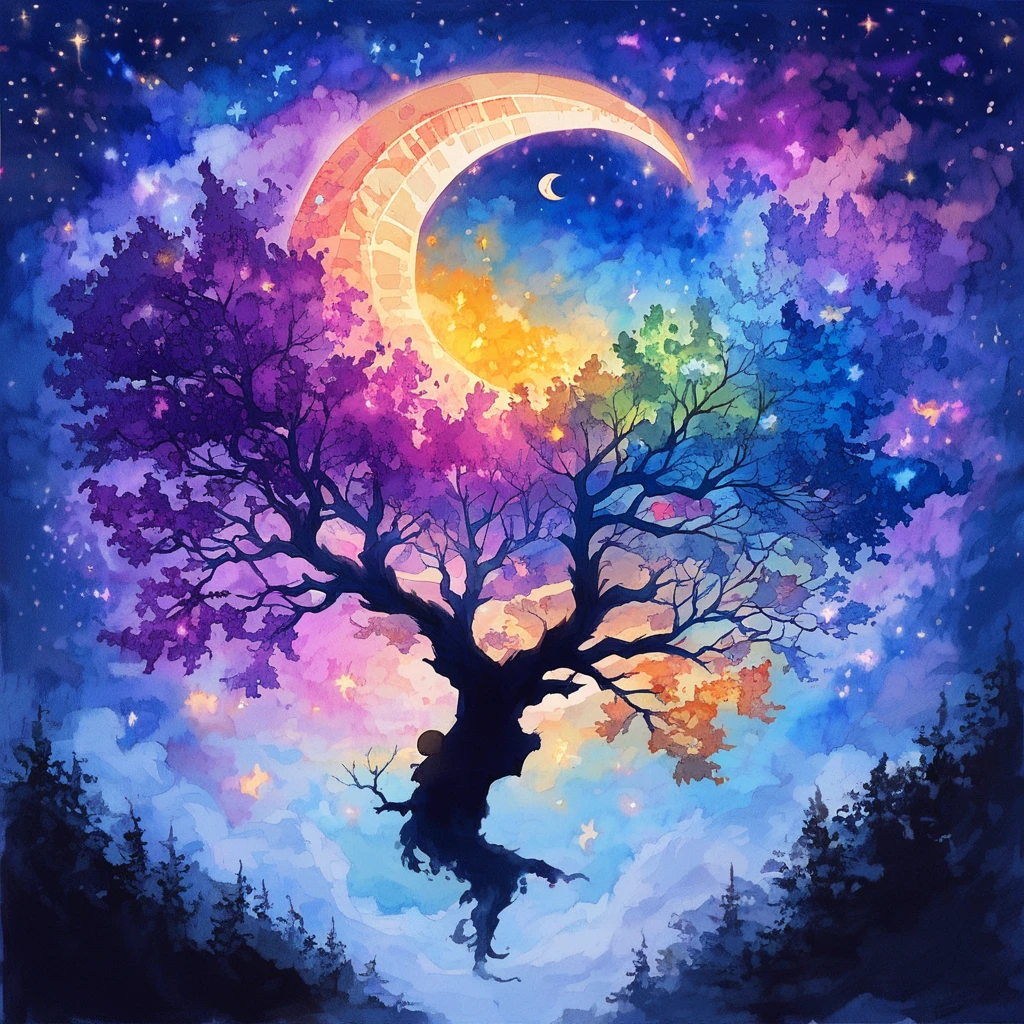 score_9, score_8_up, score_7_up,source_anime, 1girl,mixed Korean,Kpop idol, Surreal night scene,silhouette of a cat sitting on a tree branch,crescent moon in the sky,purple hues,starry night,dreamlike atmosphere,glowing edges,mystical,high contrast,ethereal light,detailed textures,whimsical,