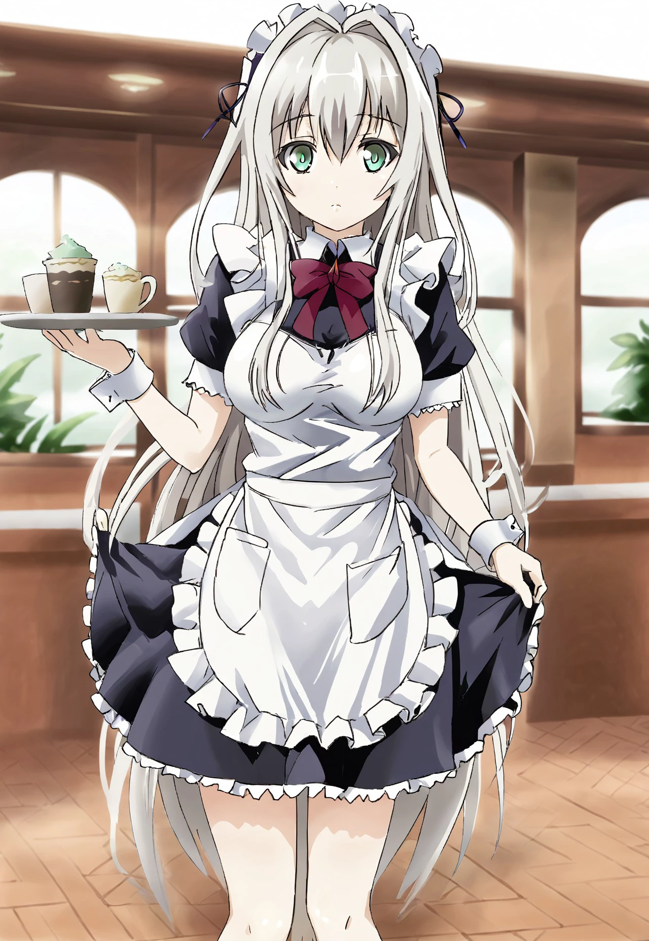 safe_pos, 1 girl, solo, detail1eye, silver hair, long hair, green eyes, wearing maid uniform, apron, short skirt, medium breasts, standing, cafe background 