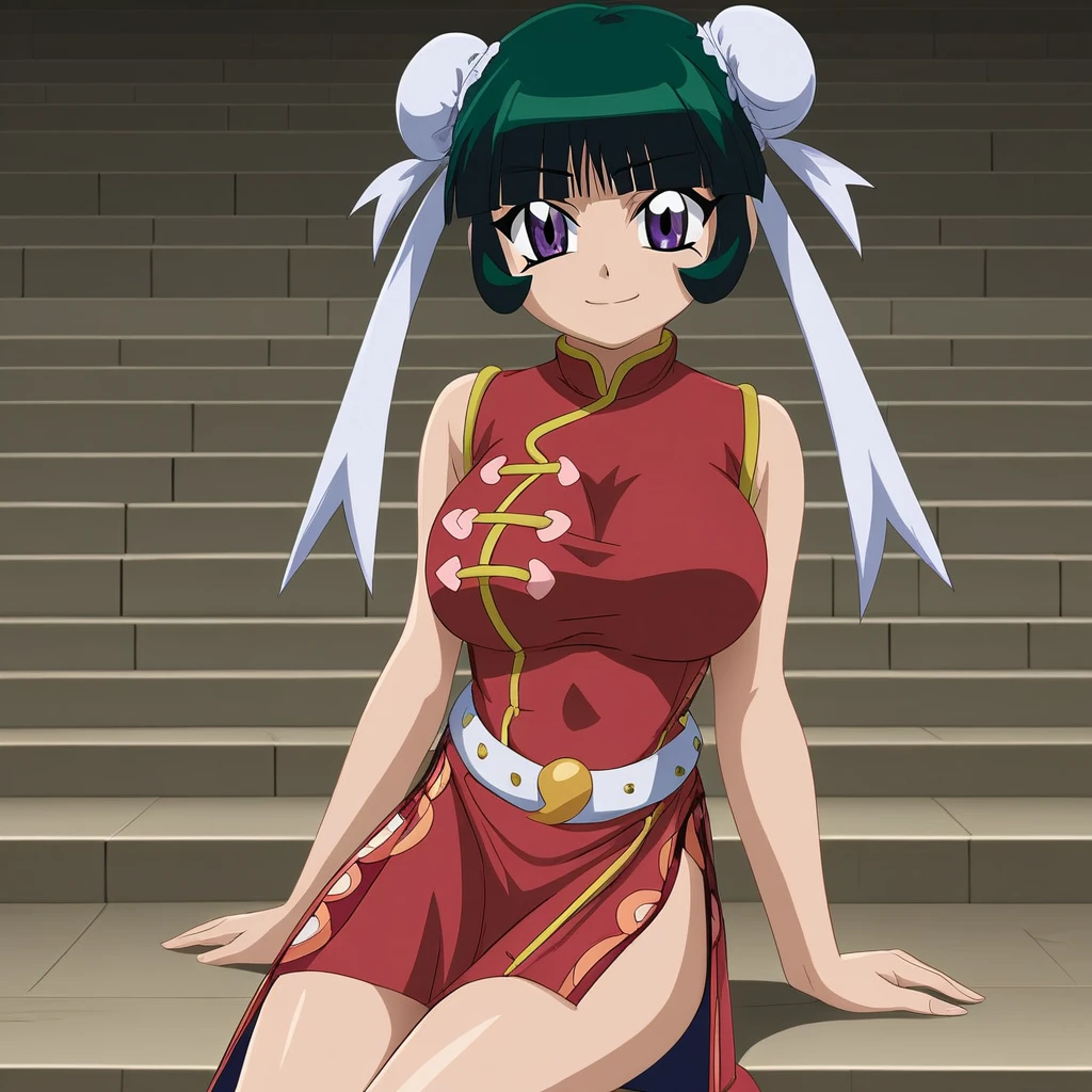 beyblade: metal fusion,mei-mei,1girl,white,belt,solo,double bun,hair bun ,dress,china dress,chinese clothes,breasts,smile,sitting,purple eyes,bun cover,belt,bangs,side slit,sleeveless,looking at viewer,large breasts,stairs,closed mouth,bare shoulders,short hair,sleeveless dress,blunt bangs,shiny,short dress,arm support,red dress,green hair