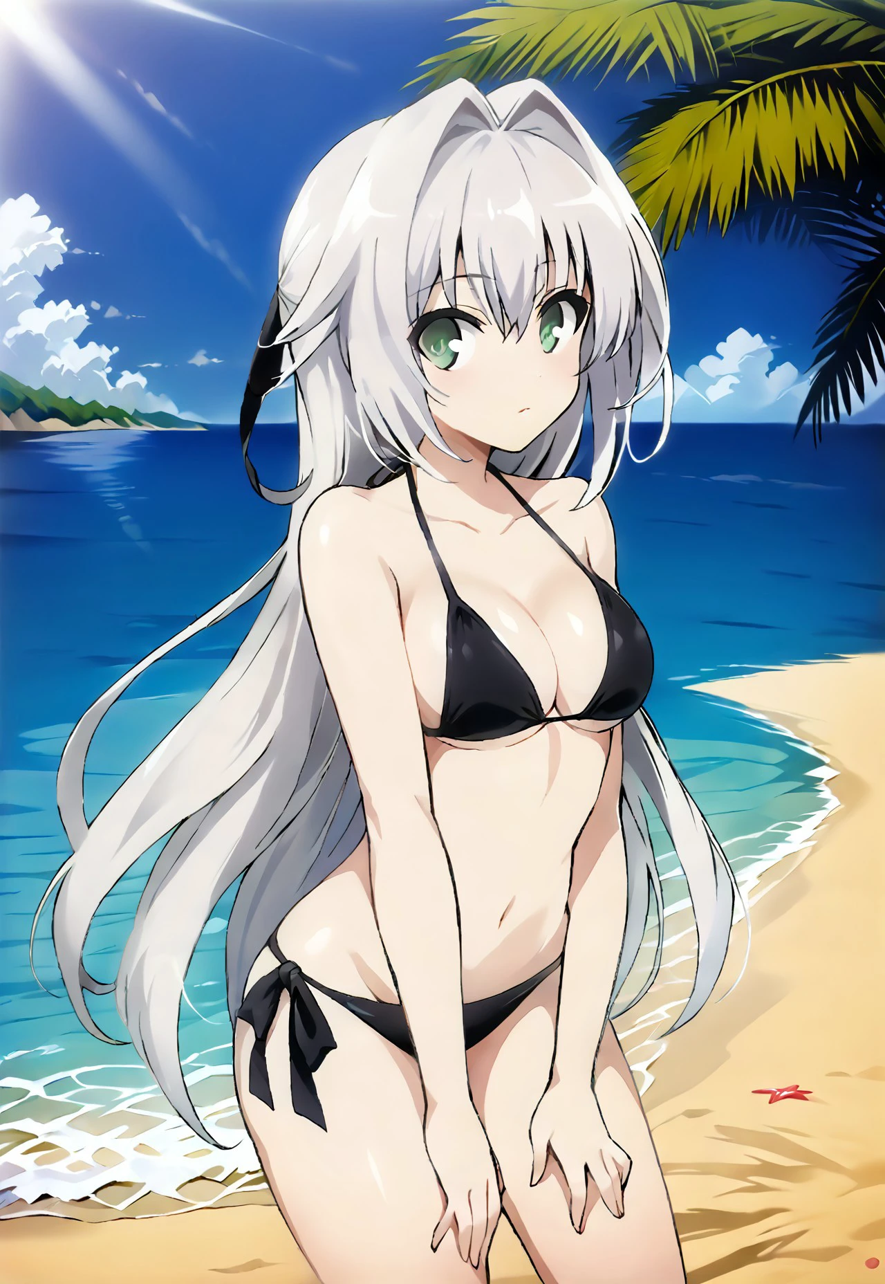 safe_pos, 1 girl, solo, silver hair, long hair, green eyes, wearing bikini, black bikini, beach background,