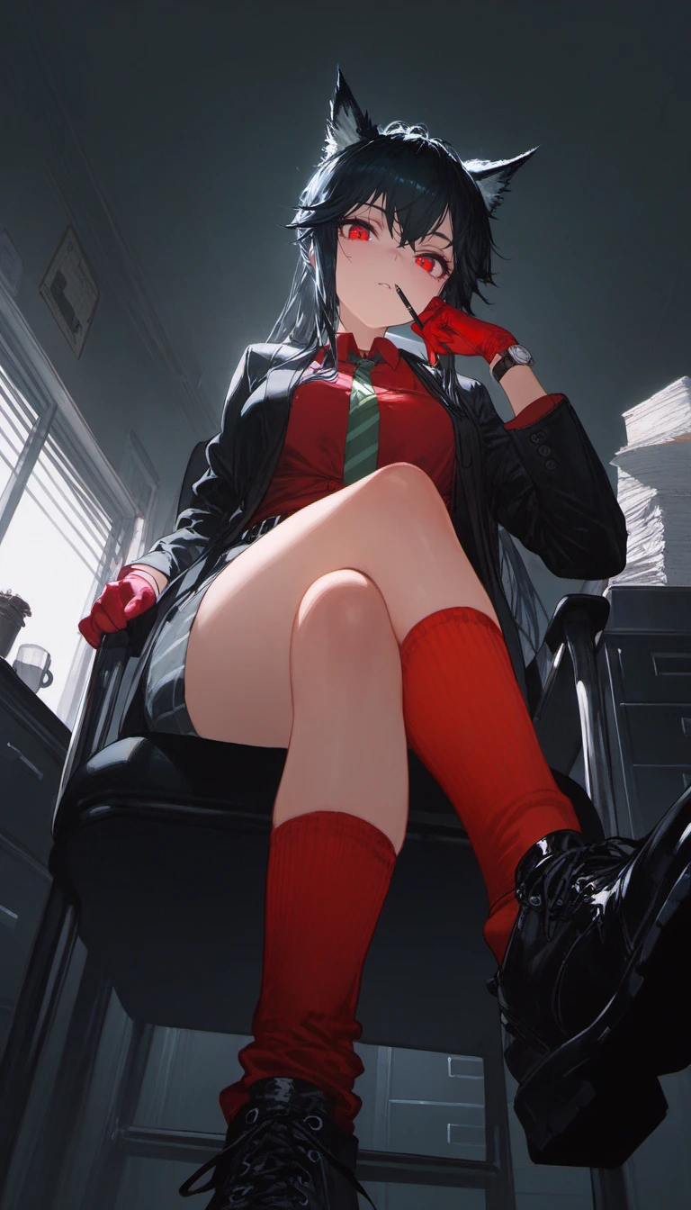 1girl, texas \(willpower\) \(arknights\), by ciloranko, by lack, by dino \(dinoartforame\), by betabeet, [[by as109]], by reoen, black belt, black footwear, black hair, black jacket, depth of field, foreshortening, looking at viewer, sitting, bulletin board, holding pen, hand up, ((from below, perspective)), blurry foreground, on chair, coffee mug, desk lamp, file cabinet, indoors, crossed legs, long hair, map, necktie, paper stack, red eyes, red gloves, window, red shirt, red socks, smoke, solo, wolf girl, dark theme, very aesthethic, amazing quality, best quality, absurdres