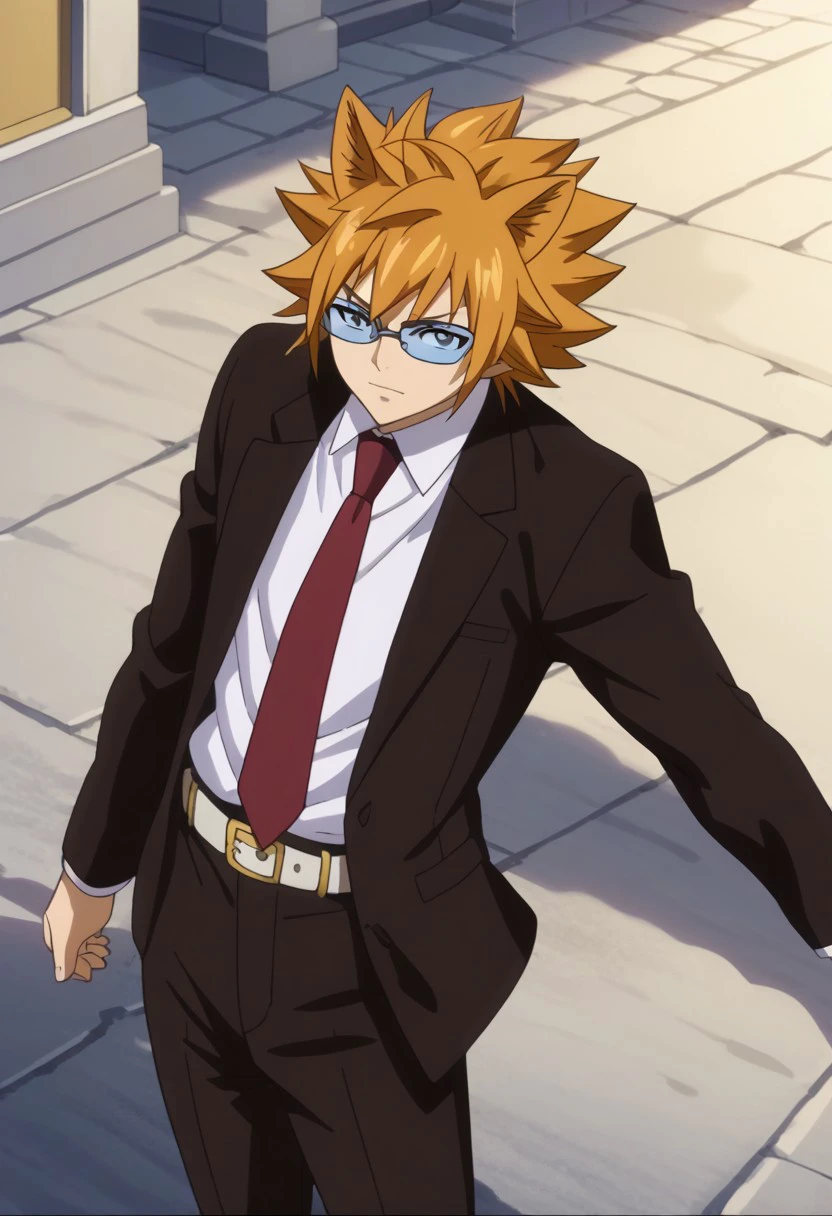 score_9, score_8_up, score_7_up, source_anime, rating_safe, LokeeFT, blue Loke glasses, orange Lokee hair, 1boy, male focus, anime screencap, red necktie, formal, suit, white collared shirt, grey-yellow Loke belt, black pants,