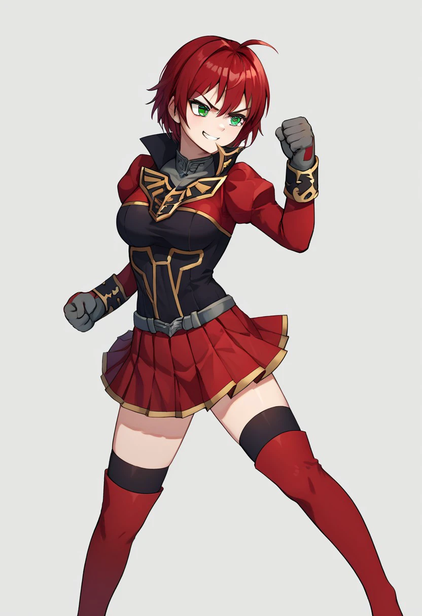 score_9, score_8_up, score_7_up, source_anime, good anatomy, 1girl, solo, detailed eyes, nanjubami, red hair, short hair, hair vents, green eyes, red and black shirt, gold trim, high collar, puffed shoulders, wristcuffs, red skirt, pleated skirt, black thighhighs, red thighboots, gray gloves, standing, full body, smirk, kicking, fighting